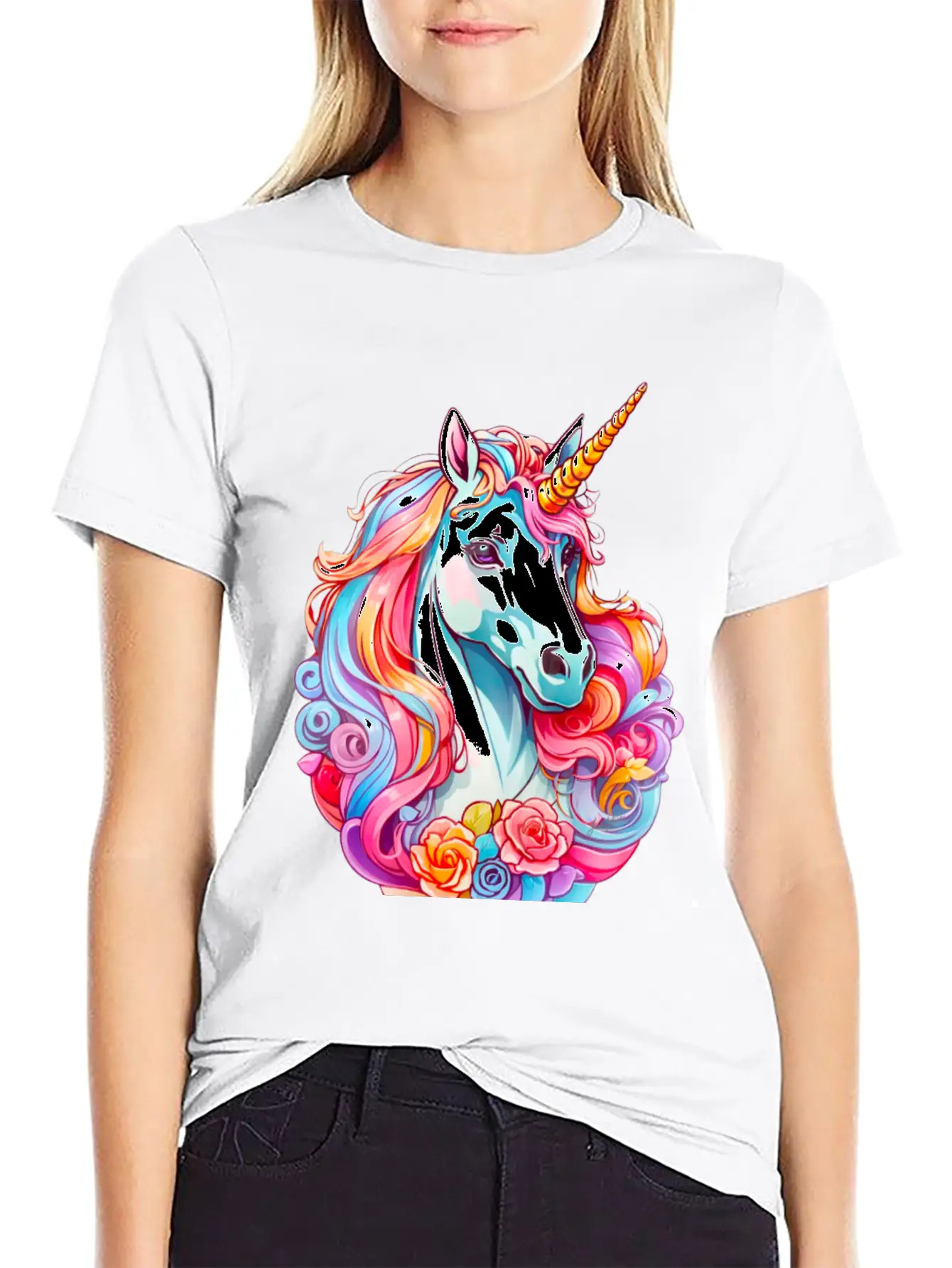 Rainbow Dream Unicorn Floral Stylish Everyday T-Shirt – Unisex Basic Cotton Tee