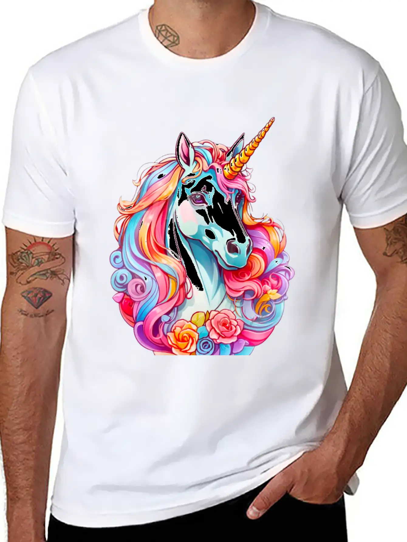 Rainbow Dream Unicorn Floral Stylish Everyday T-Shirt – Unisex Basic Cotton Tee