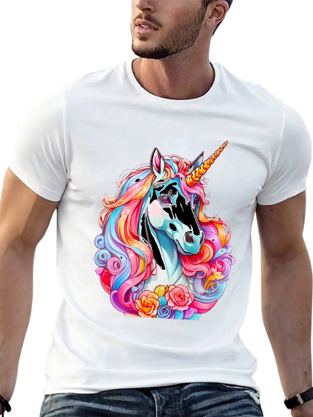 Rainbow Dream Unicorn Floral Stylish Everyday T-Shirt – Unisex Basic Cotton Tee