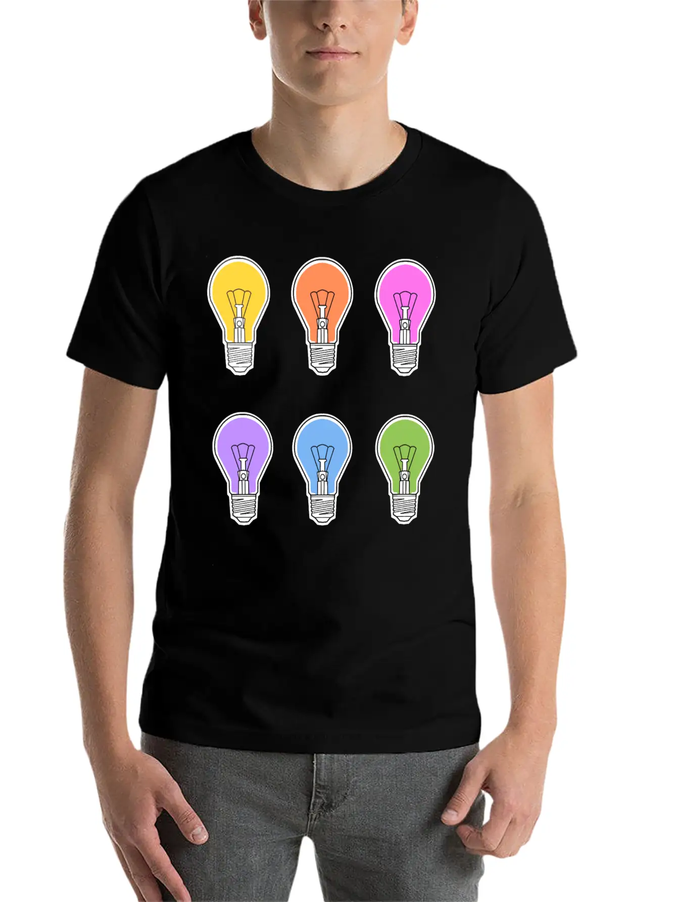 Rainbow Lightbulbs Unisex Short Sleeve Soft Cotton T-Shirt – Casual Everyday Wear