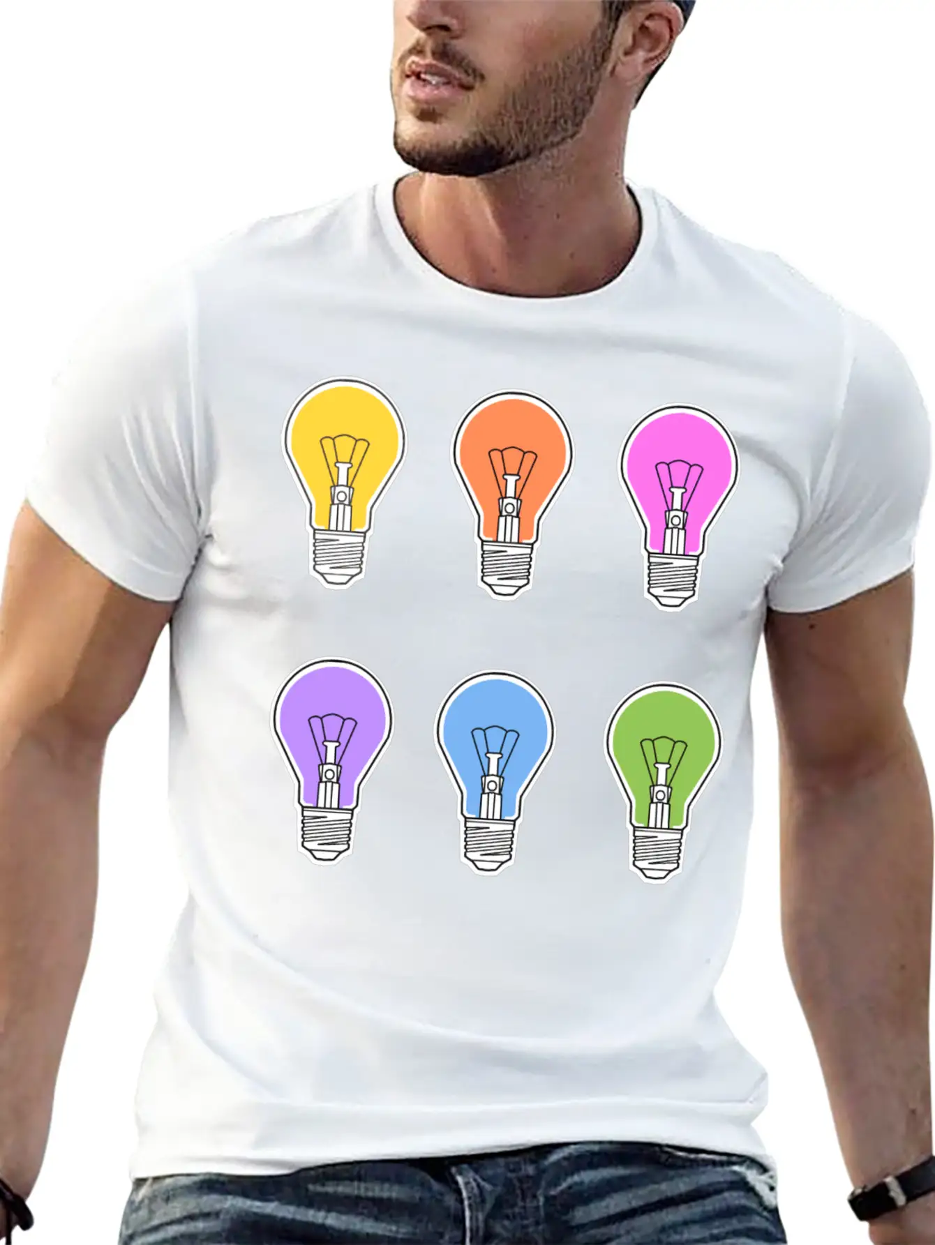 Rainbow Lightbulbs Unisex Short Sleeve Soft Cotton T-Shirt – Casual Everyday Wear