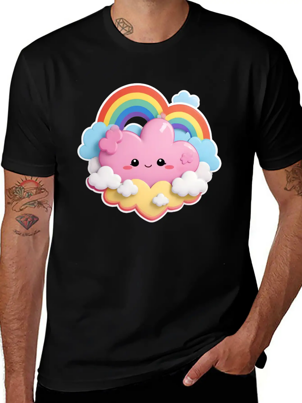 Rainbow With Fluffy Clouds And Stars For Your Baby Essential Cotton Tee For Daily Outfits – Unisex Style