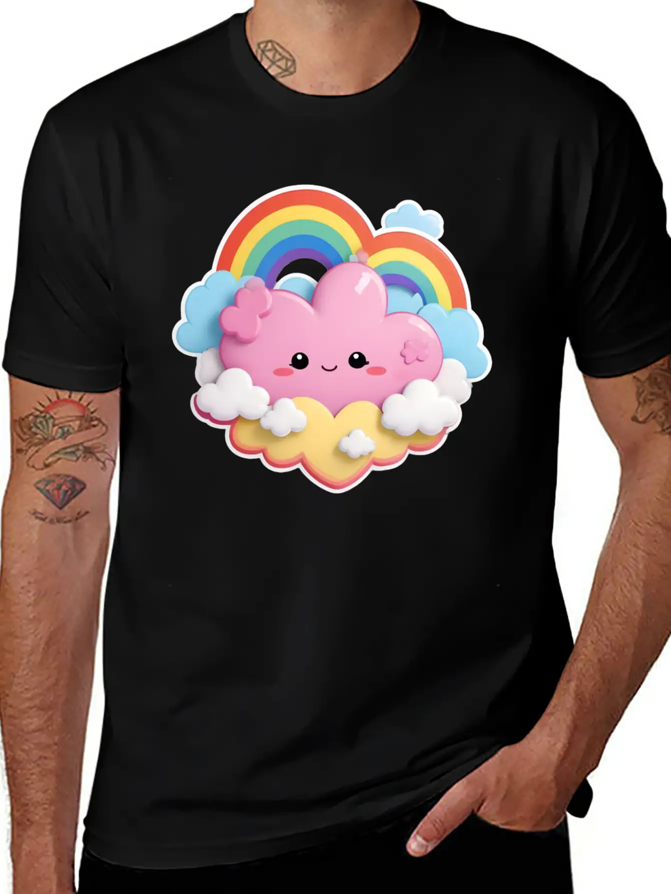 Rainbow With Fluffy Clouds And Stars For Your Baby Essential Cotton Tee For Daily Outfits – Unisex Style