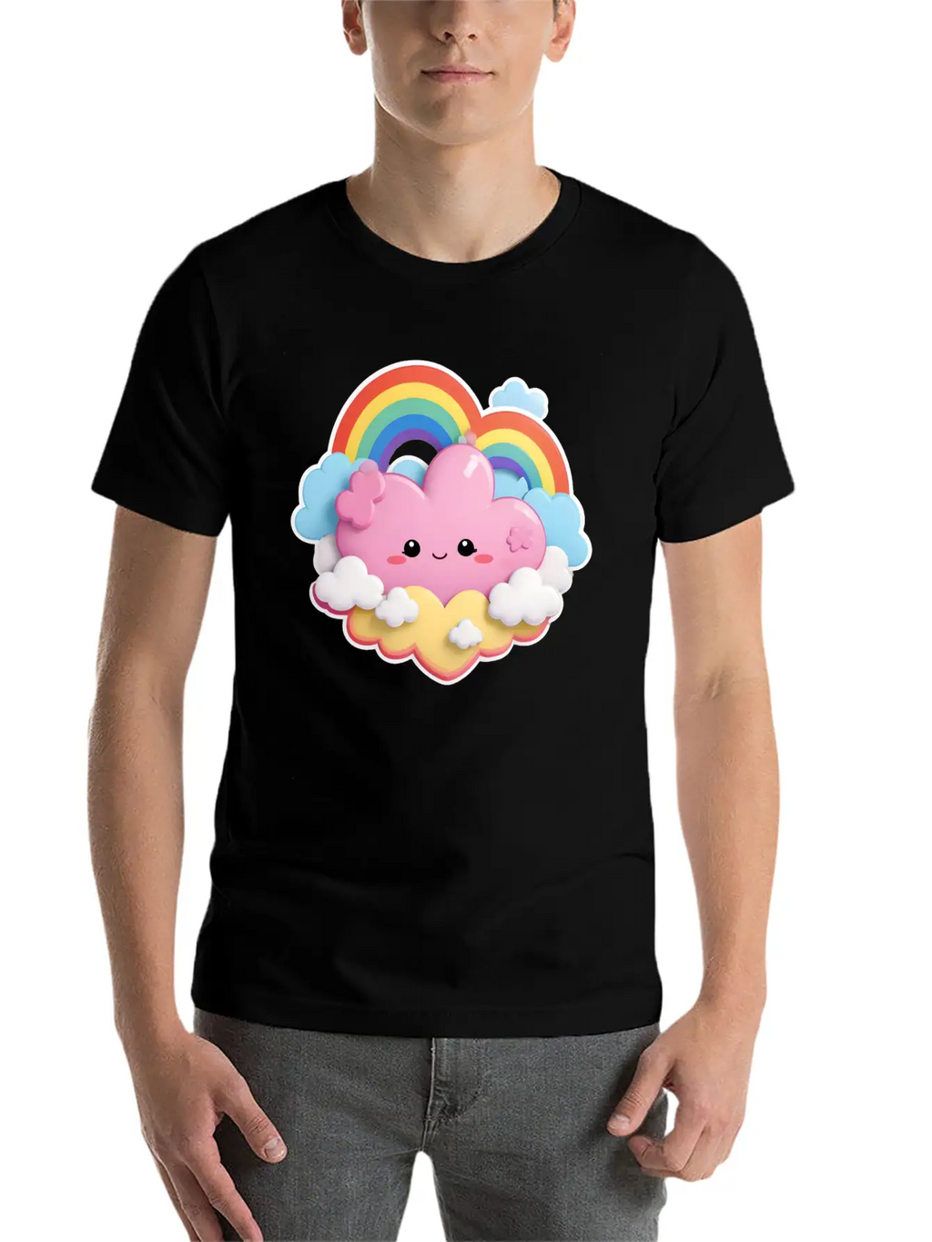 Rainbow With Fluffy Clouds And Stars For Your Baby Essential Cotton Tee For Daily Outfits – Unisex Style