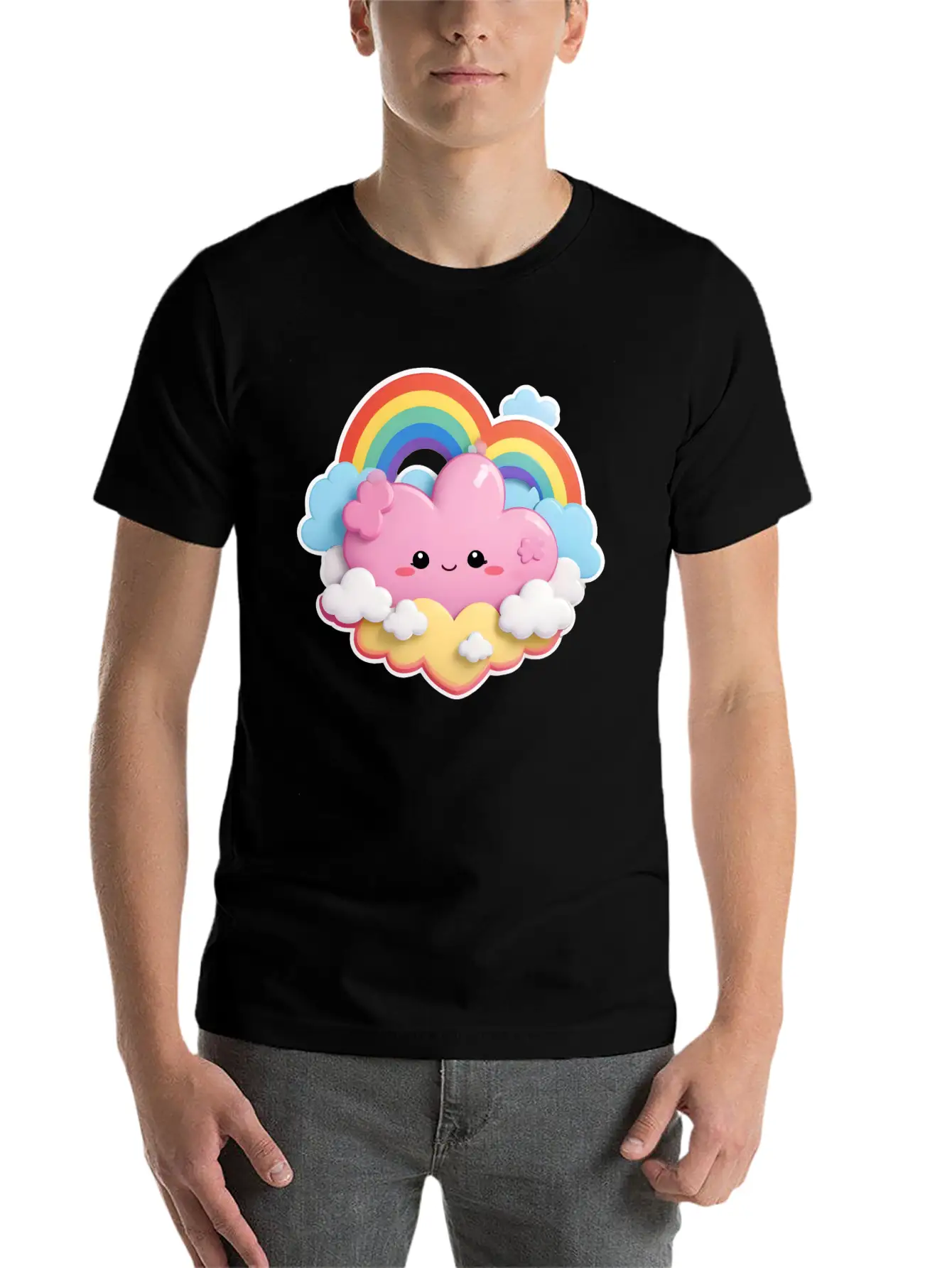 Rainbow With Fluffy Clouds And Stars For Your Baby Essential Cotton Tee For Daily Outfits – Unisex Style