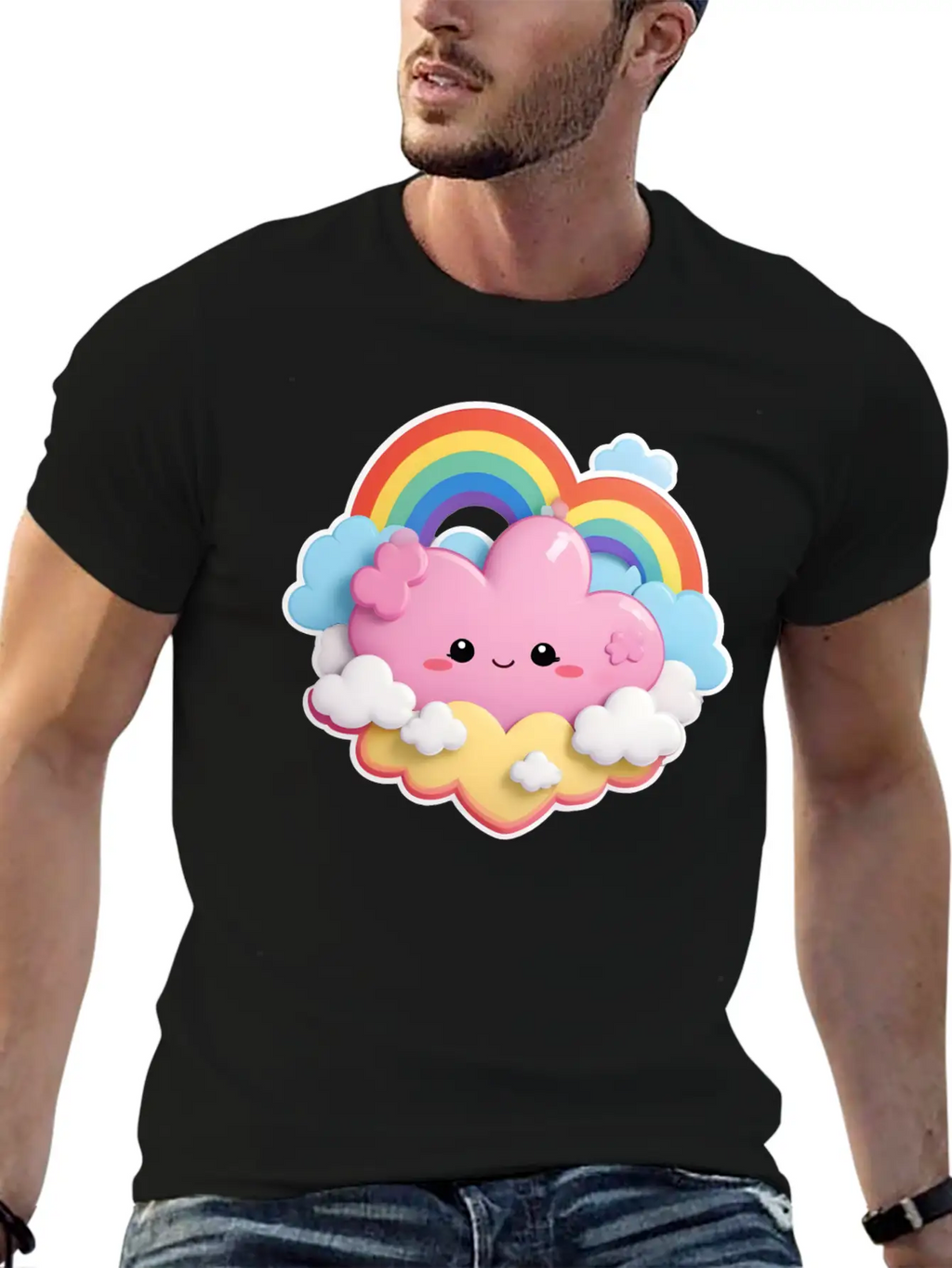 Rainbow With Fluffy Clouds And Stars For Your Baby Essential Cotton Tee For Daily Outfits – Unisex Style