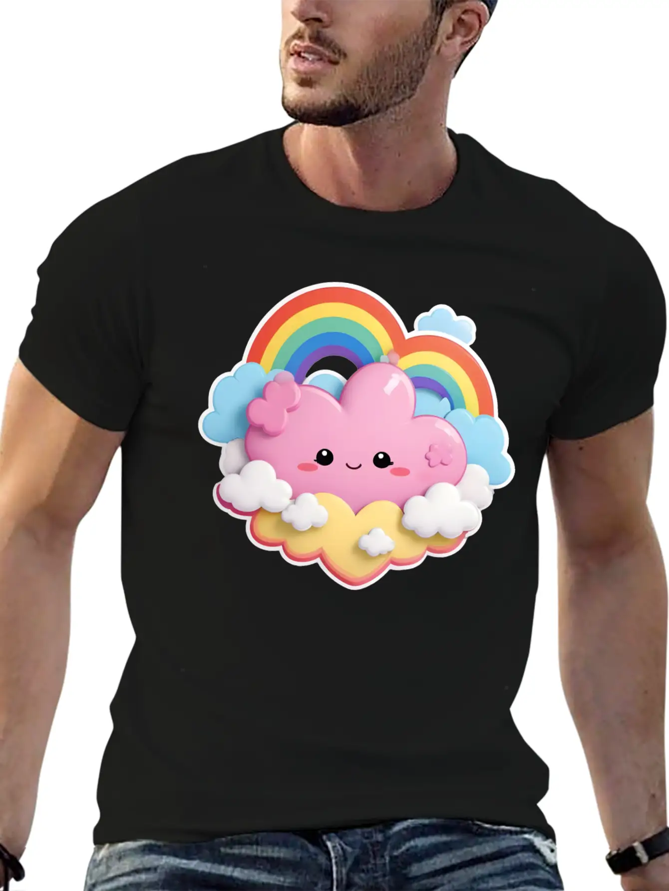 Rainbow With Fluffy Clouds And Stars For Your Baby Essential Cotton Tee For Daily Outfits – Unisex Style