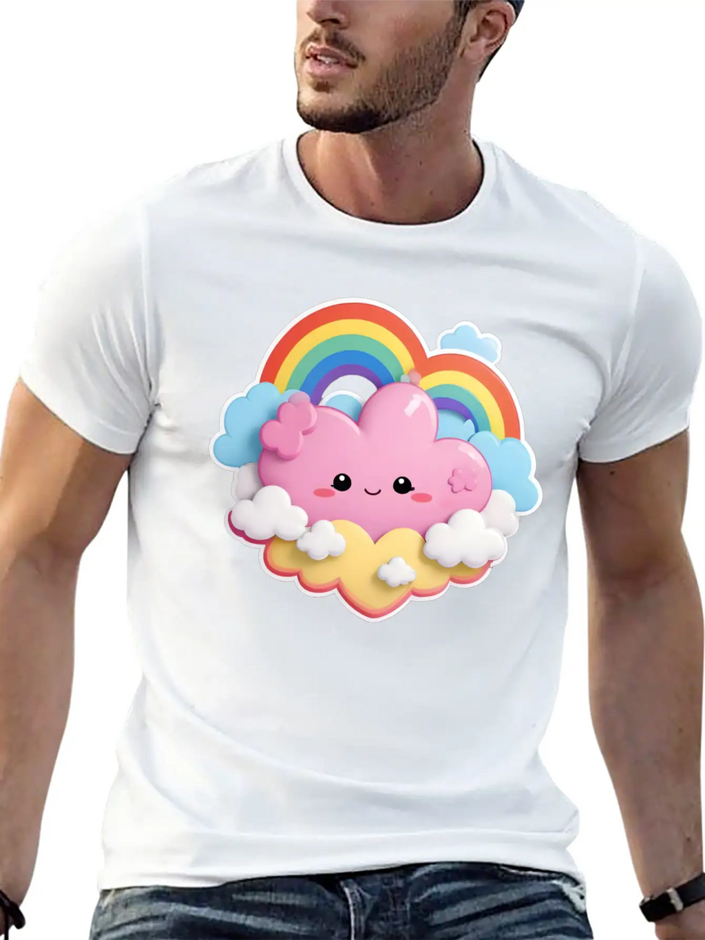 Rainbow With Fluffy Clouds And Stars For Your Baby Essential Cotton Tee For Daily Outfits – Unisex Style