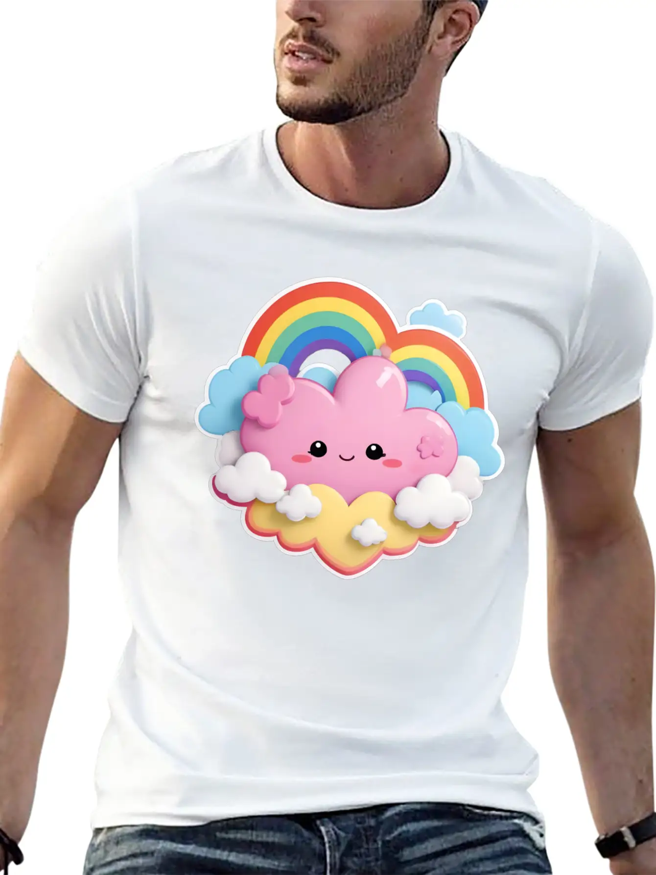 Rainbow With Fluffy Clouds And Stars For Your Baby Essential Cotton Tee For Daily Outfits – Unisex Style