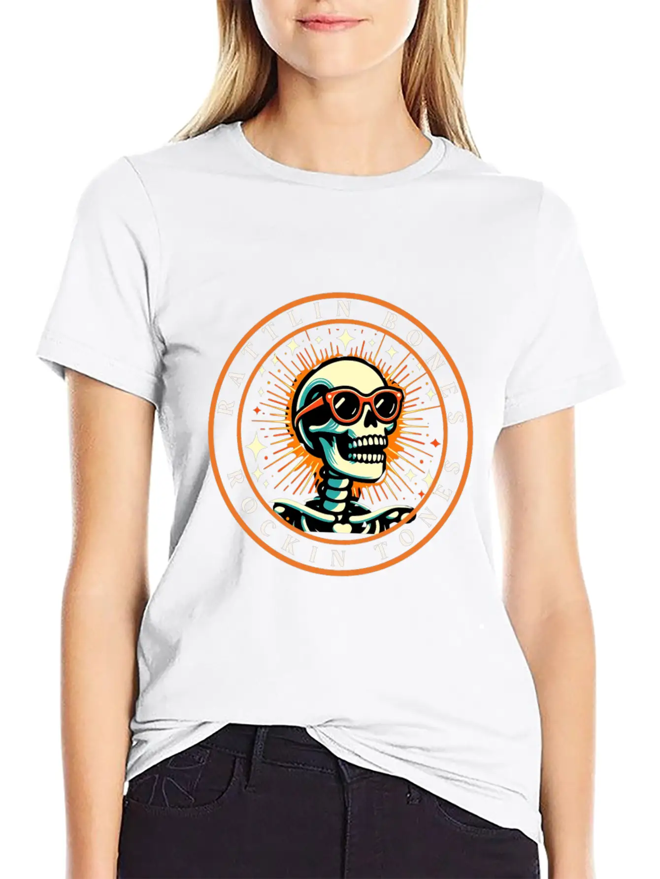 Rattlin' Bones Rockin' Tones, Funny Skeleton Music Essential Cotton Tee For Daily Outfits – Unisex Style
