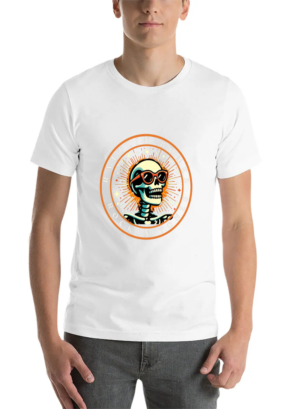Rattlin' Bones Rockin' Tones, Funny Skeleton Music Essential Cotton Tee For Daily Outfits – Unisex Style