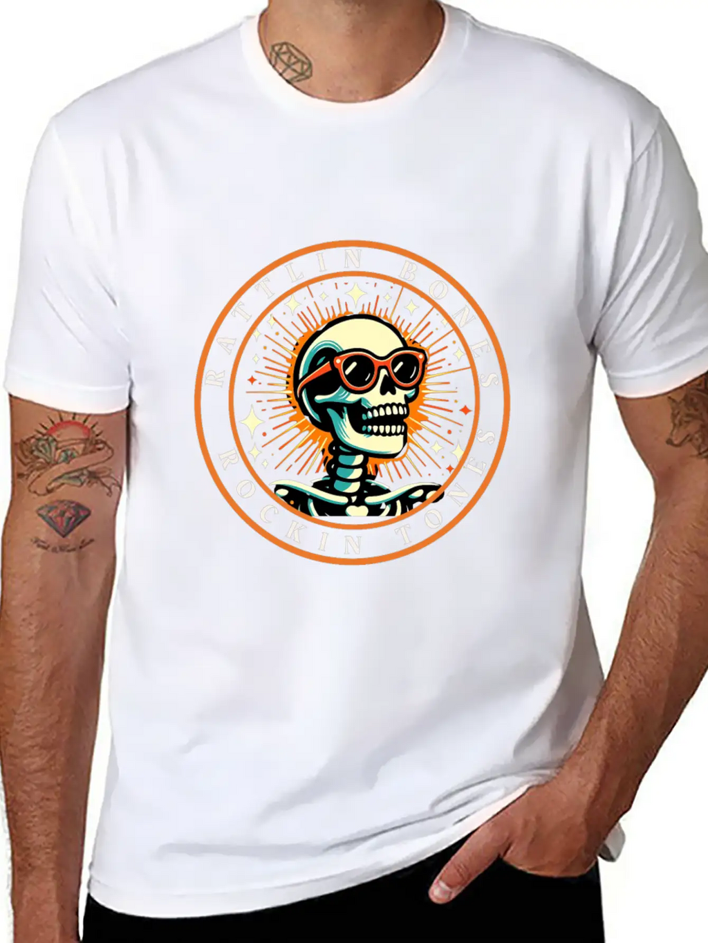 Rattlin' Bones Rockin' Tones, Funny Skeleton Music Essential Cotton Tee For Daily Outfits – Unisex Style