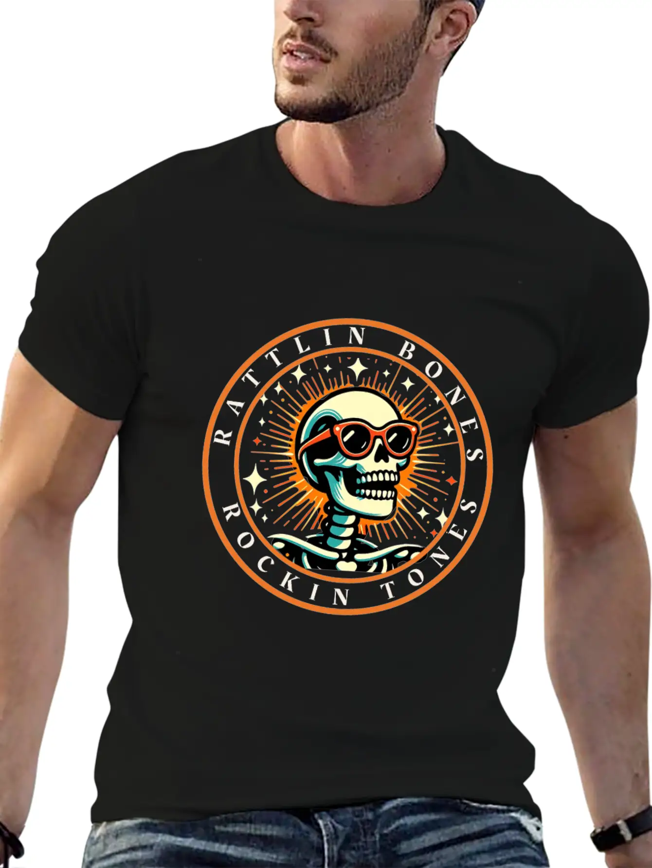 Rattlin' Bones Rockin' Tones, Funny Skeleton Music Essential Cotton Tee For Daily Outfits – Unisex Style