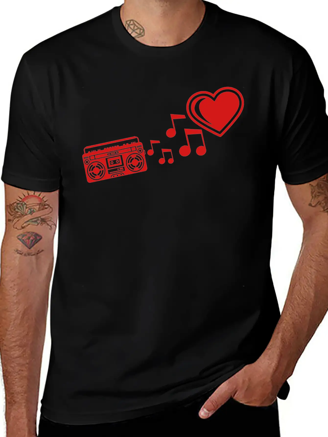 Red I Love Heart Love Ghettoblaster Music Notes Mu Unisex Casual T-Shirt – Clean Design For Daily Comfort