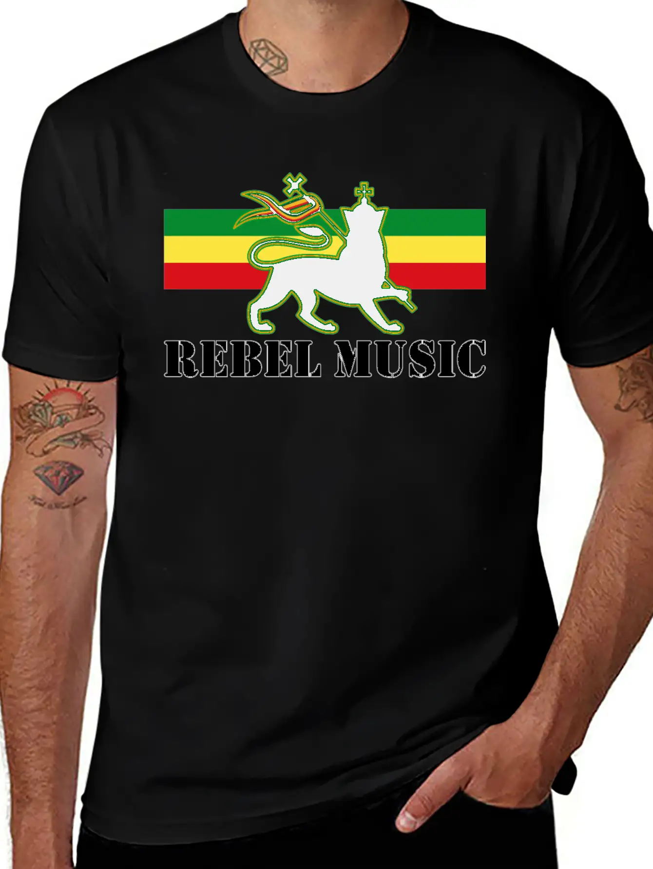 Reggae - Rebel Music W/ The Lion Of Judah - Rasta Unisex Short Sleeve Soft Cotton T-Shirt – Casual Everyday Wear