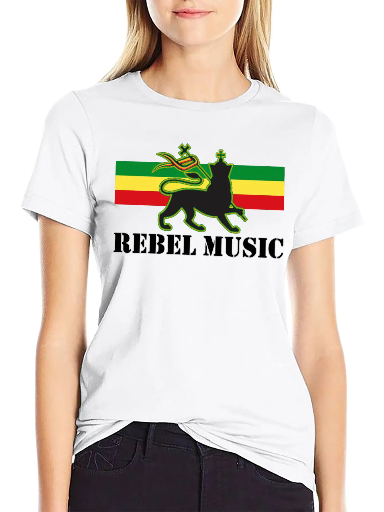 Reggae - Rebel Music W/ The Lion Of Judah - Rasta Unisex Short Sleeve Soft Cotton T-Shirt – Casual Everyday Wear