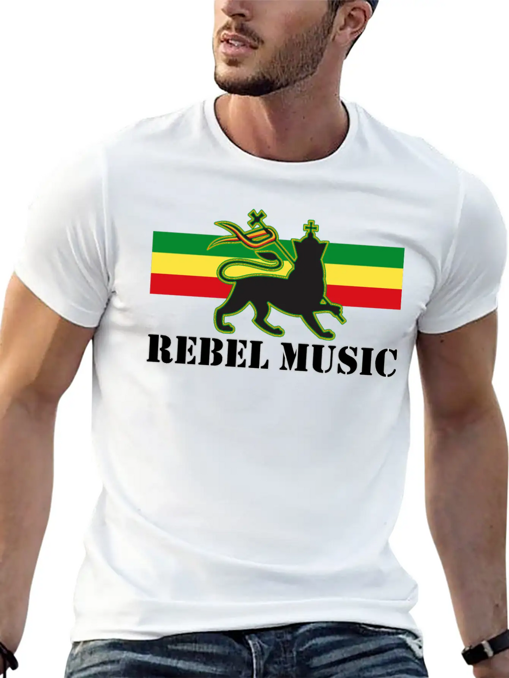 Reggae - Rebel Music W/ The Lion Of Judah - Rasta Unisex Short Sleeve Soft Cotton T-Shirt – Casual Everyday Wear