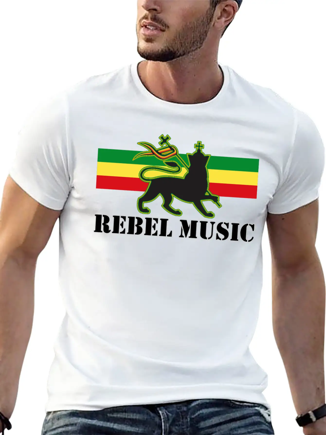 Reggae - Rebel Music W/ The Lion Of Judah - Rasta Unisex Short Sleeve Soft Cotton T-Shirt – Casual Everyday Wear