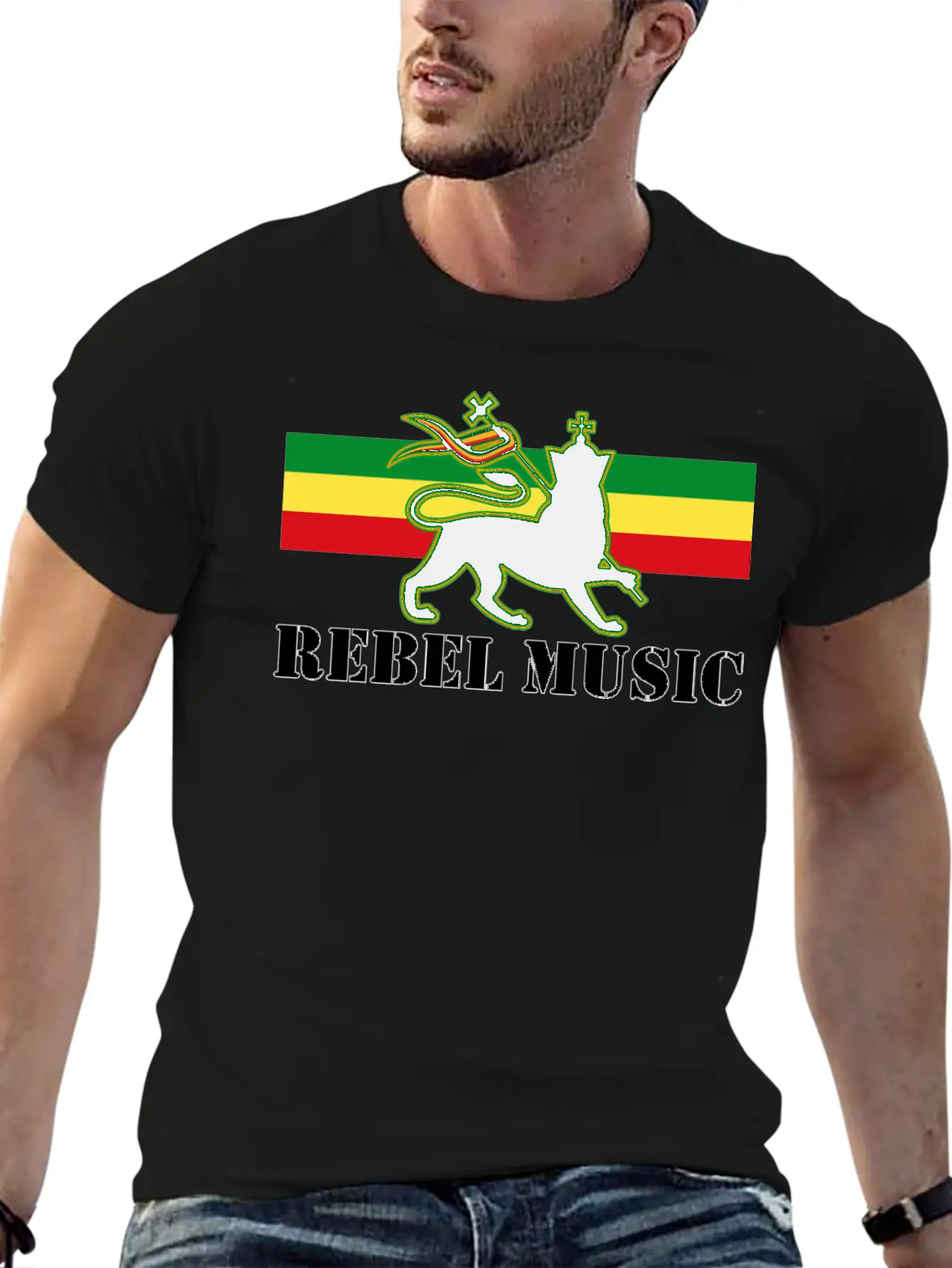Reggae - Rebel Music W/ The Lion Of Judah - Rasta Unisex Short Sleeve Soft Cotton T-Shirt – Casual Everyday Wear