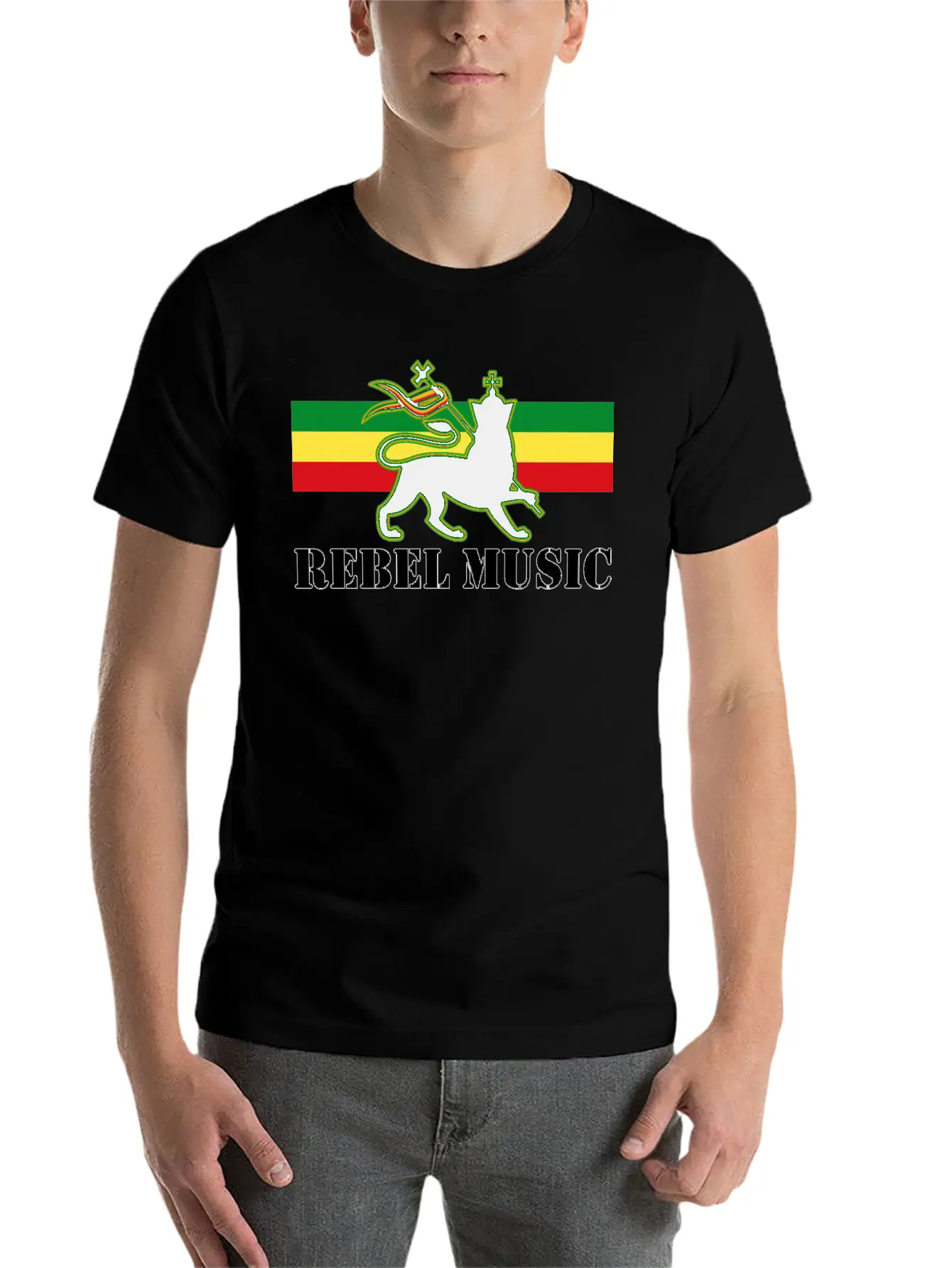 Reggae - Rebel Music W/ The Lion Of Judah - Rasta Unisex Short Sleeve Soft Cotton T-Shirt – Casual Everyday Wear