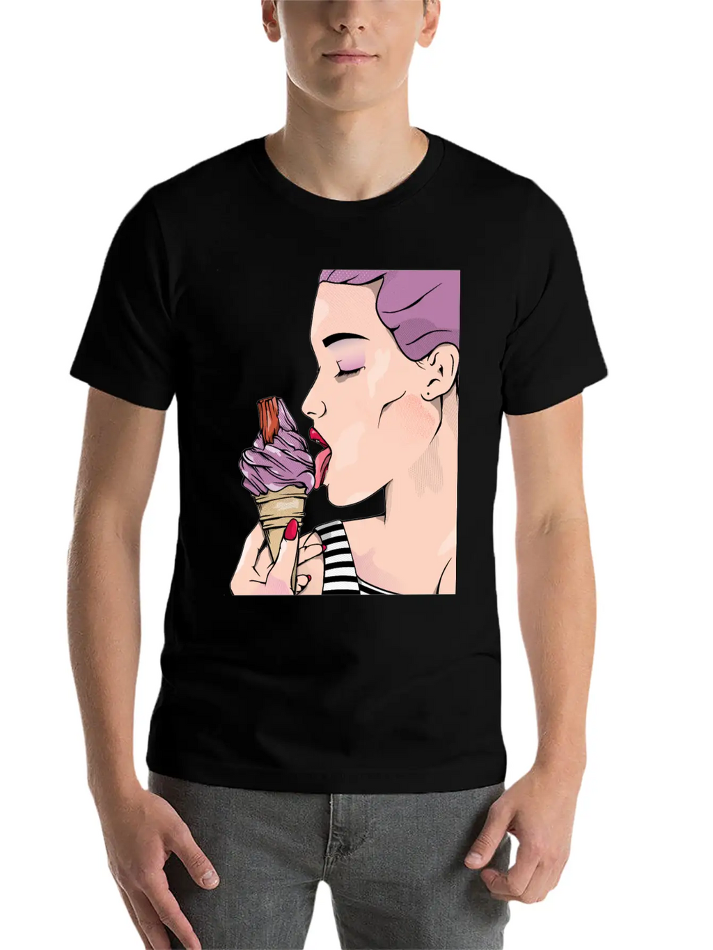 Retro Woman Ice Cream Lick Unisex Casual T-Shirt – Clean Design For Daily Comfort
