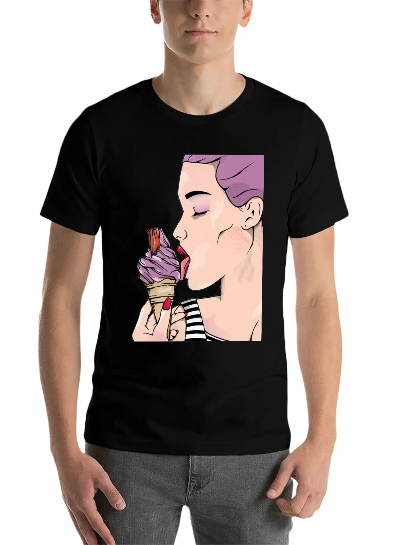 Retro Woman Ice Cream Lick Unisex Casual T-Shirt – Clean Design For Daily Comfort