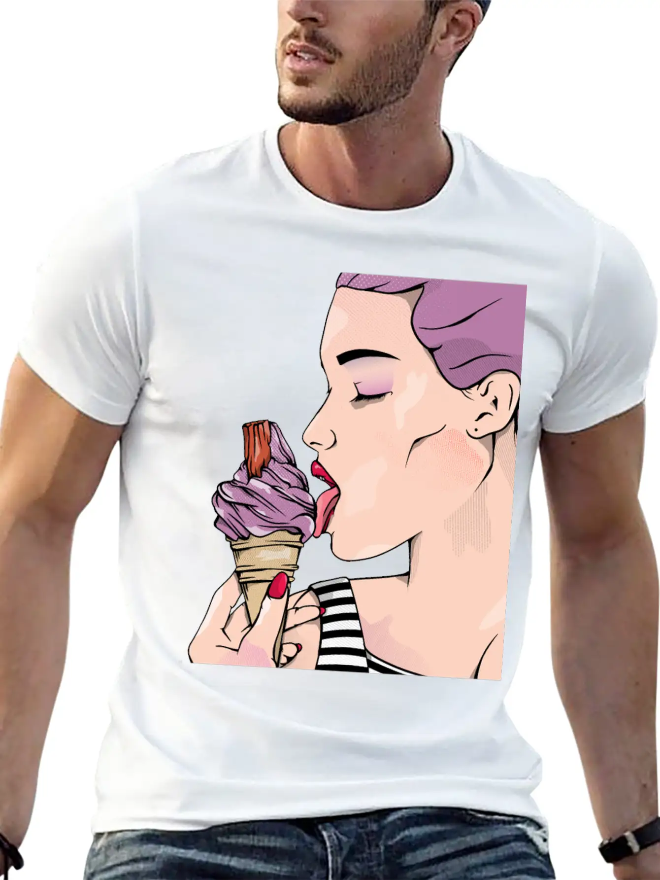 Retro Woman Ice Cream Lick Unisex Casual T-Shirt – Clean Design For Daily Comfort
