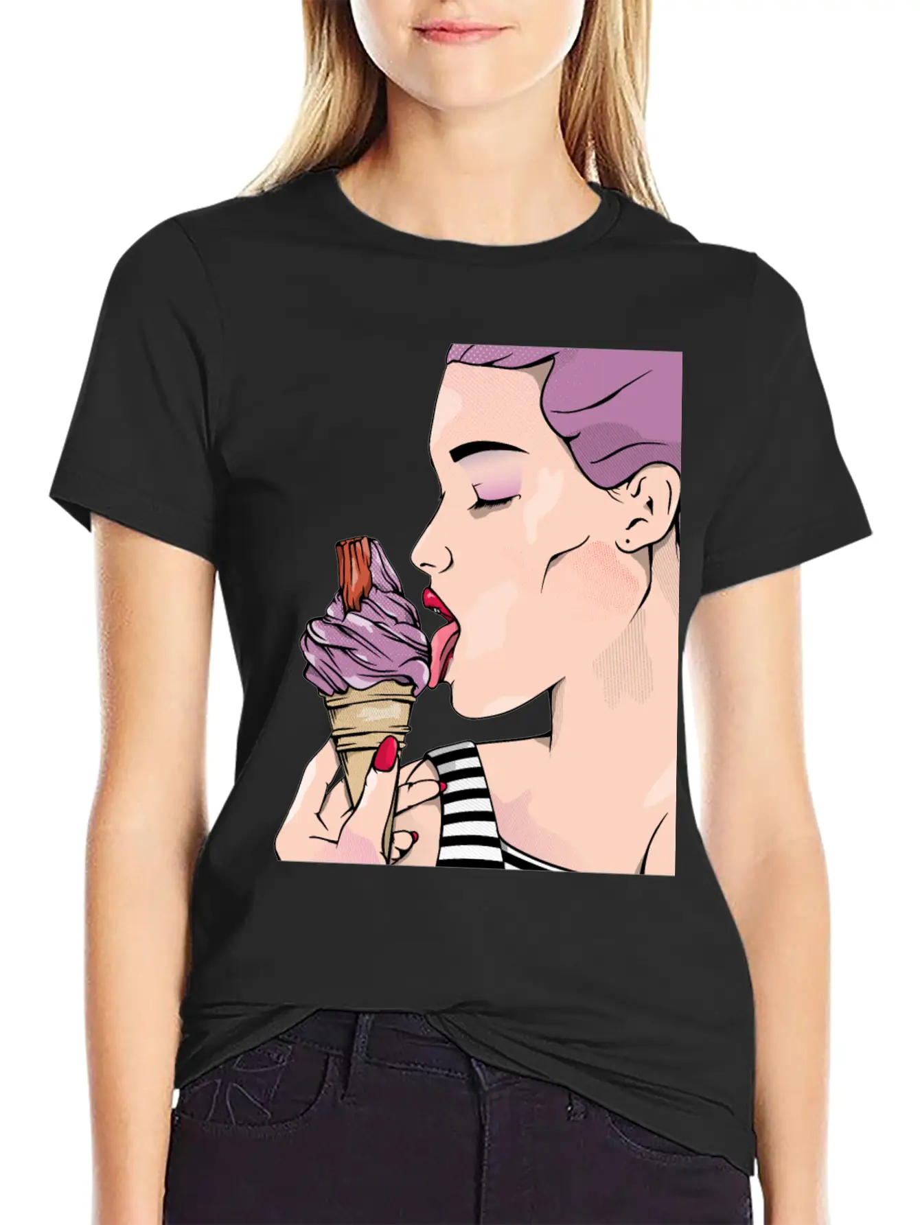 Retro Woman Ice Cream Lick Unisex Casual T-Shirt – Clean Design For Daily Comfort