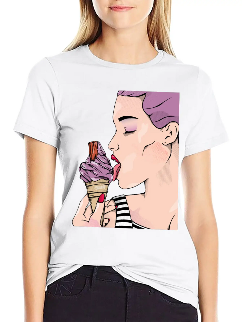 Retro Woman Ice Cream Lick Unisex Casual T-Shirt – Clean Design For Daily Comfort