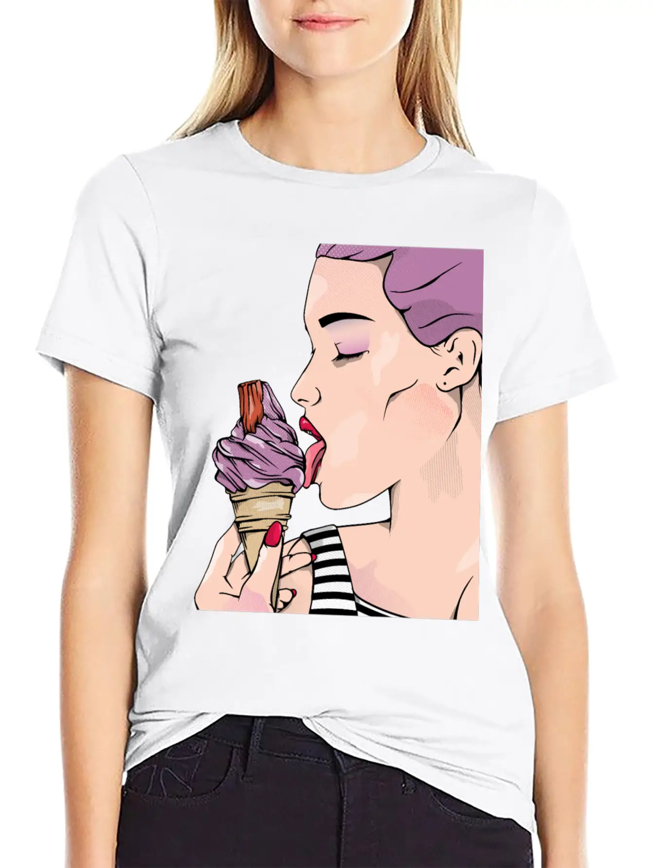 Retro Woman Ice Cream Lick Unisex Casual T-Shirt – Clean Design For Daily Comfort