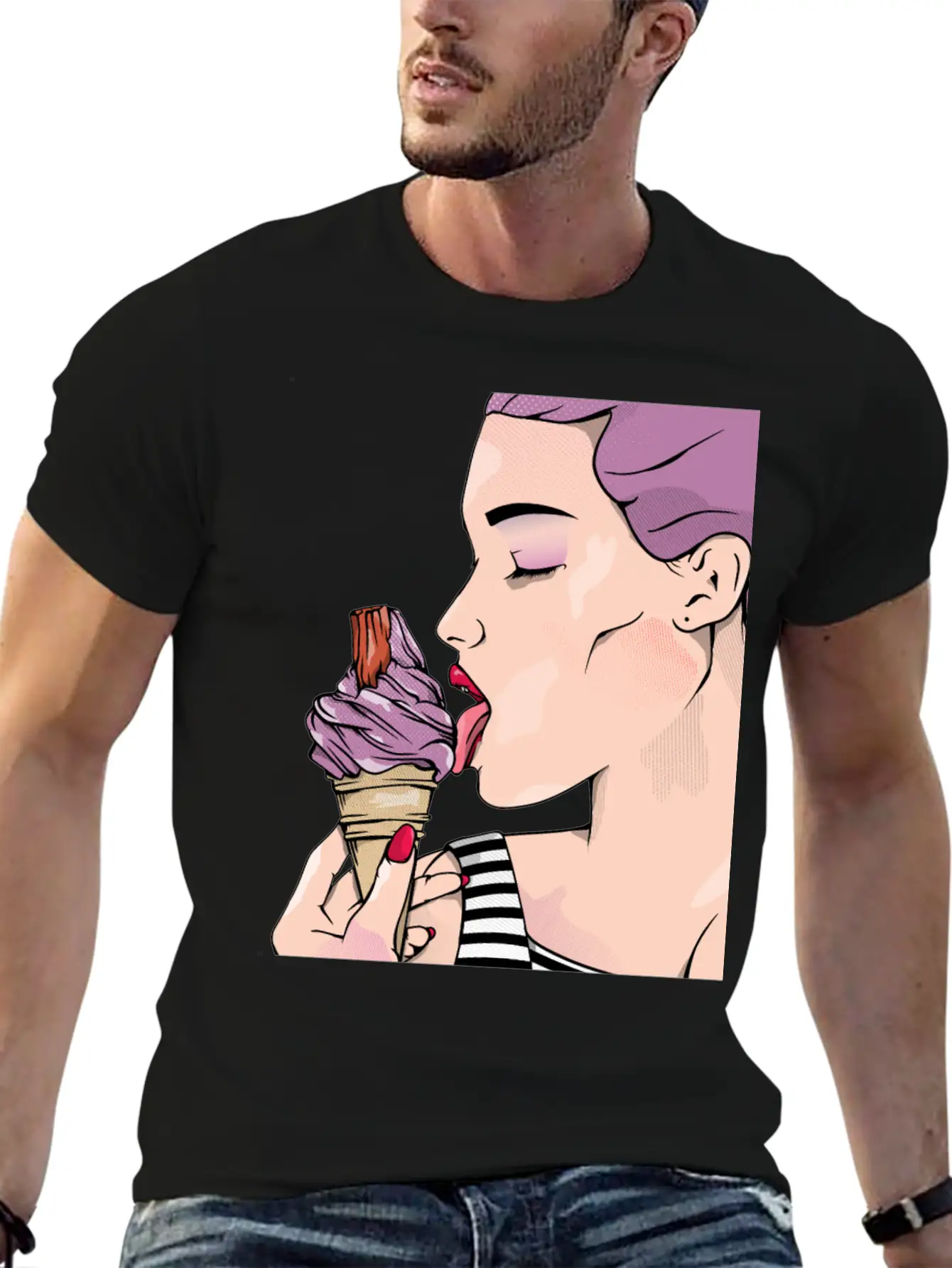 Retro Woman Ice Cream Lick Unisex Casual T-Shirt – Clean Design For Daily Comfort