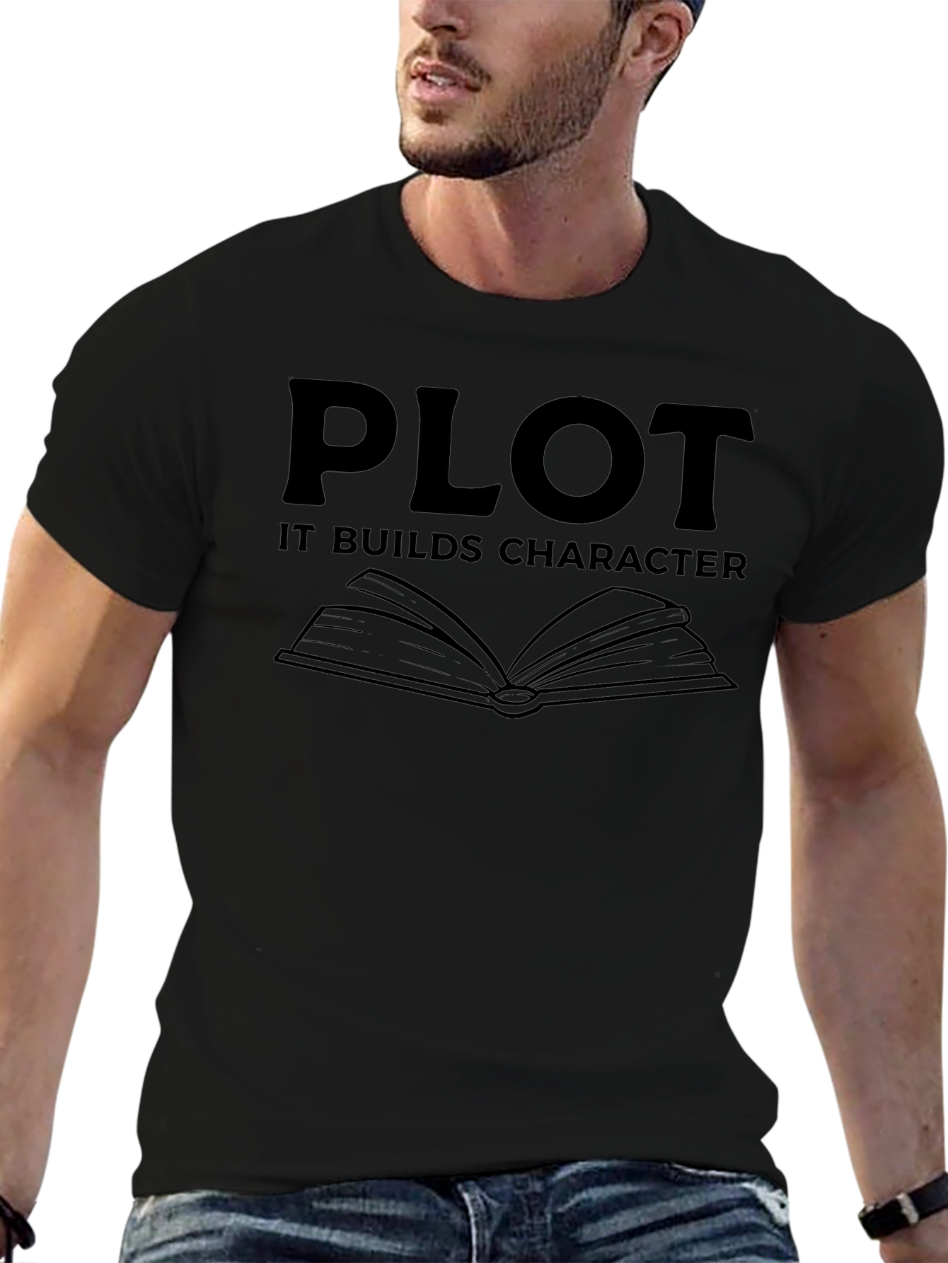 Plot It Builds Character Black Graphic Novelty T-Shirt