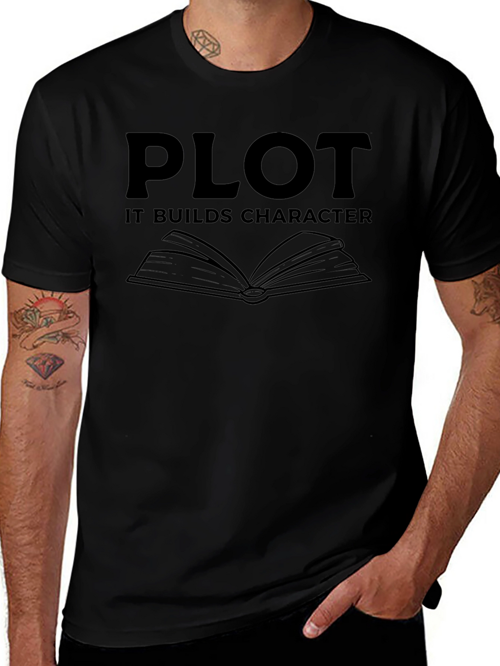 Plot It Builds Character Black Graphic Novelty T-Shirt