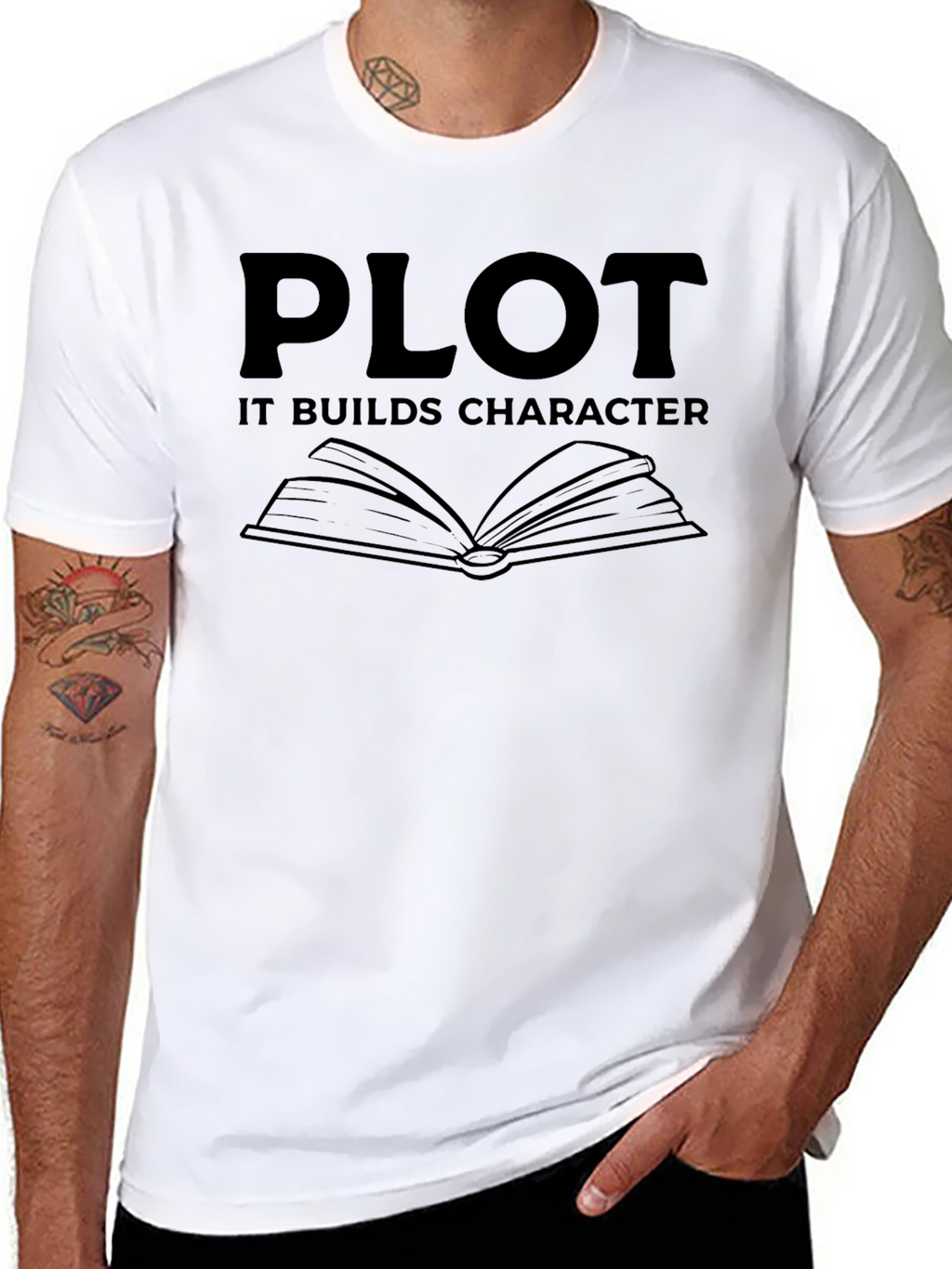 Plot It Builds Character Black Graphic Novelty T-Shirt