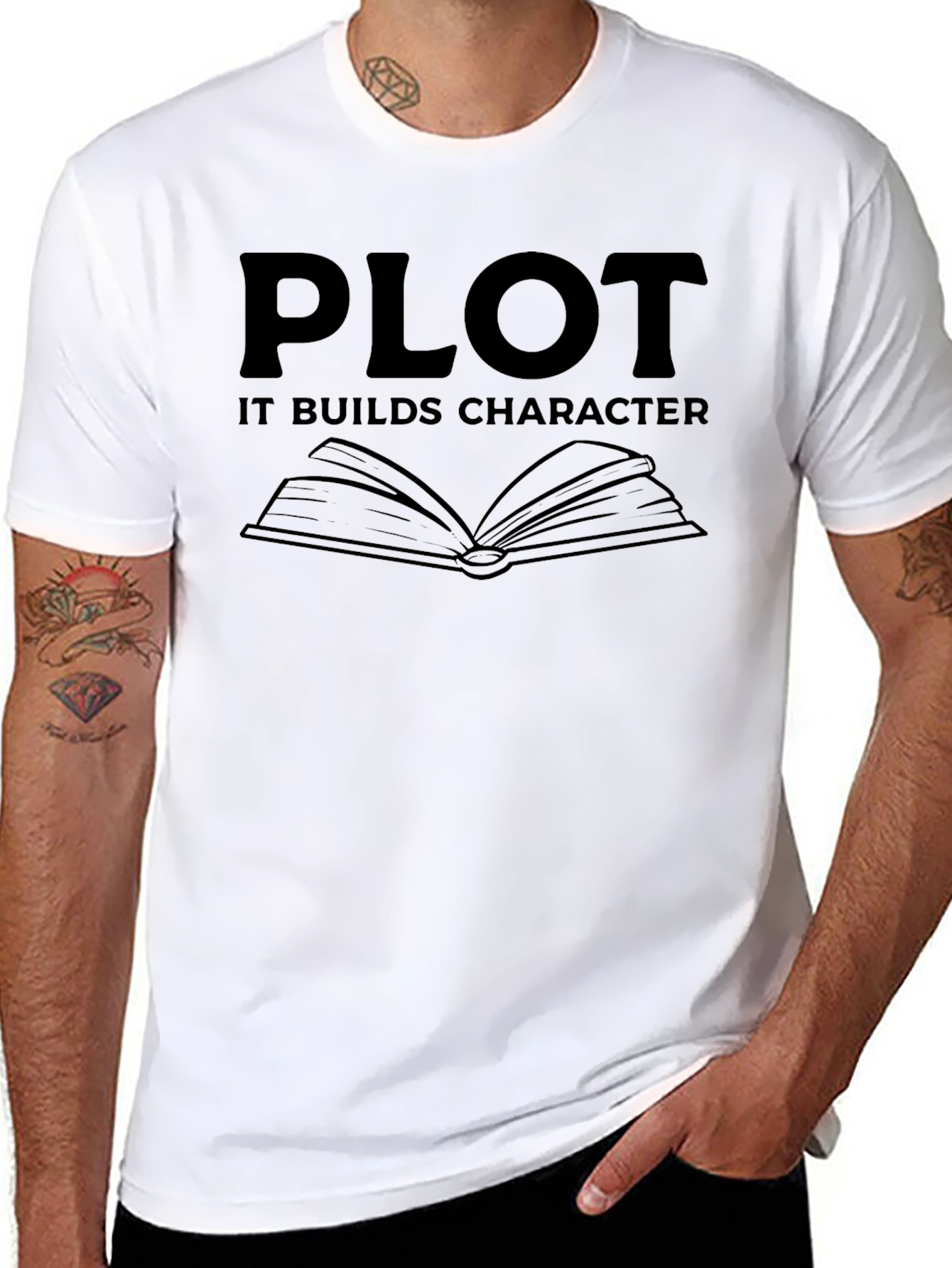 Plot It Builds Character Black Graphic Novelty T-Shirt