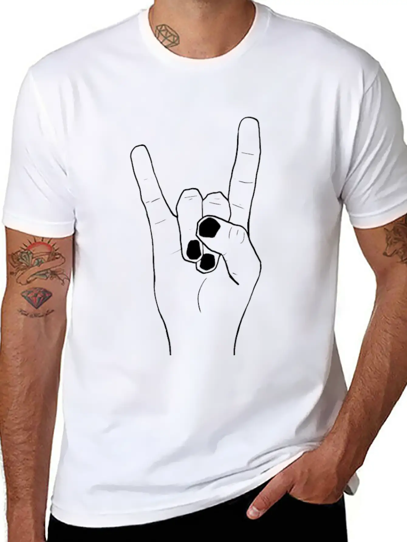 Rock Hands Devilhorns (black Lines) Essential Cotton Tee For Daily Outfits – Unisex Style