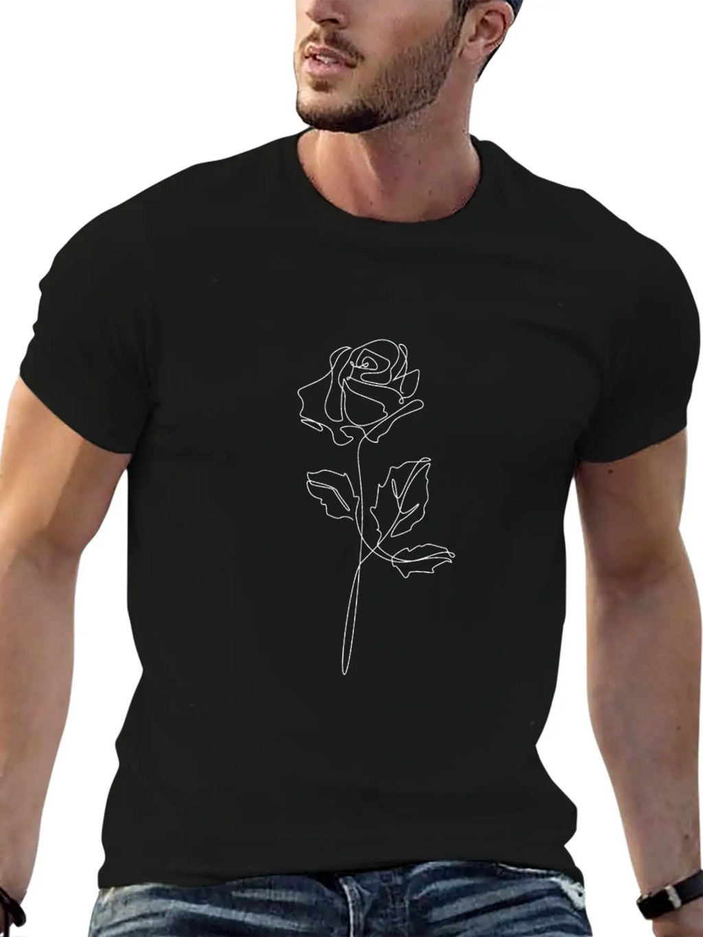 Rose Line Art - Online Hand Drawn Flower Stylish Everyday T-Shirt – Unisex Basic Cotton Tee