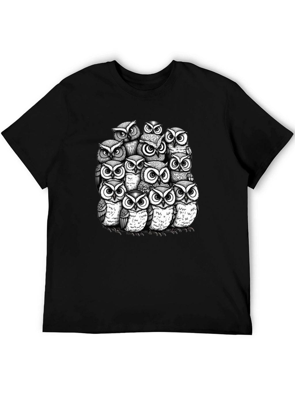 Owl Crowd Graphic T-Shirt - Black Cotton Tee
