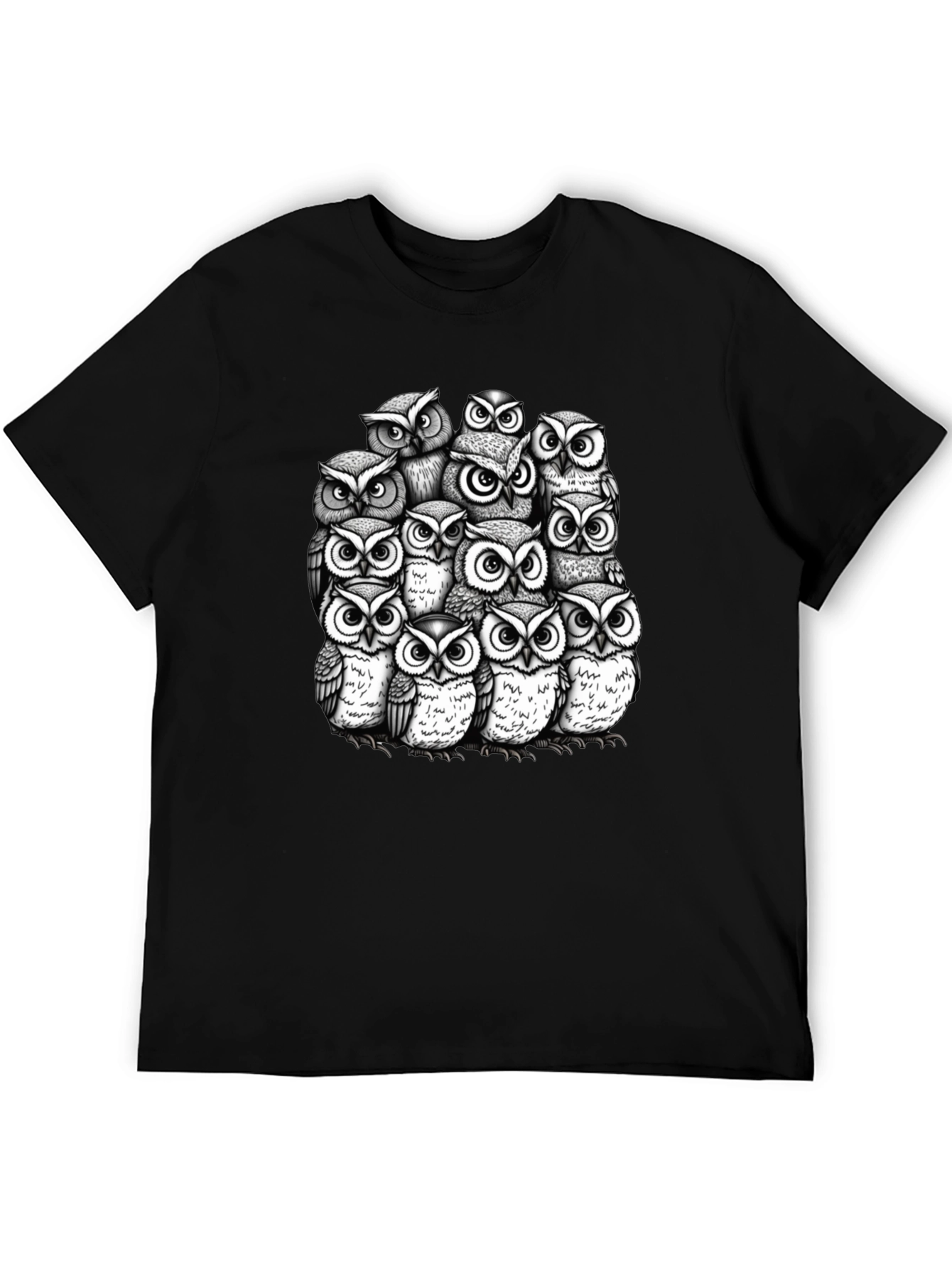 Owl Crowd Graphic T-Shirt - Black Cotton Tee