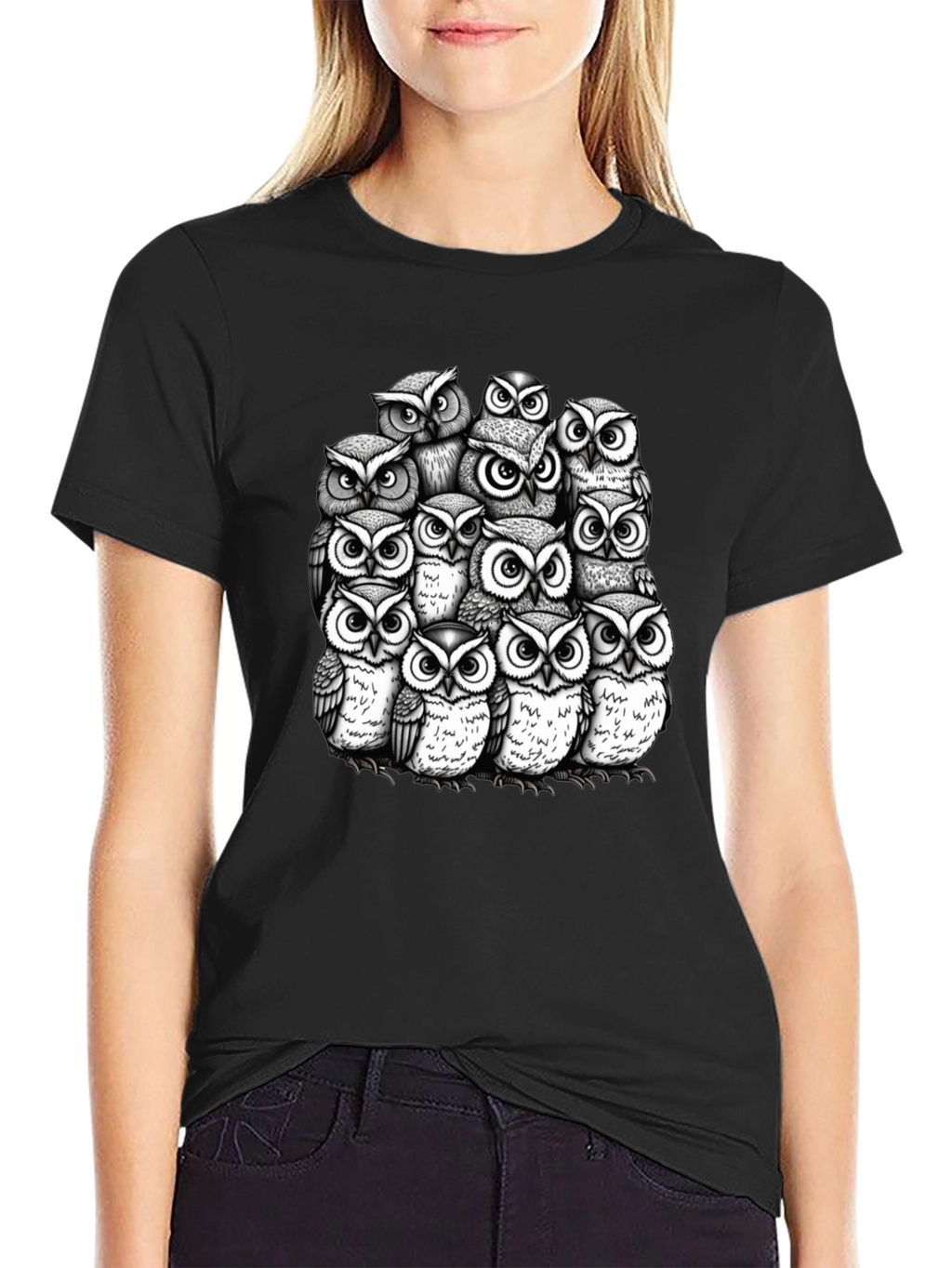 Owl Crowd Graphic T-Shirt - Black Cotton Tee