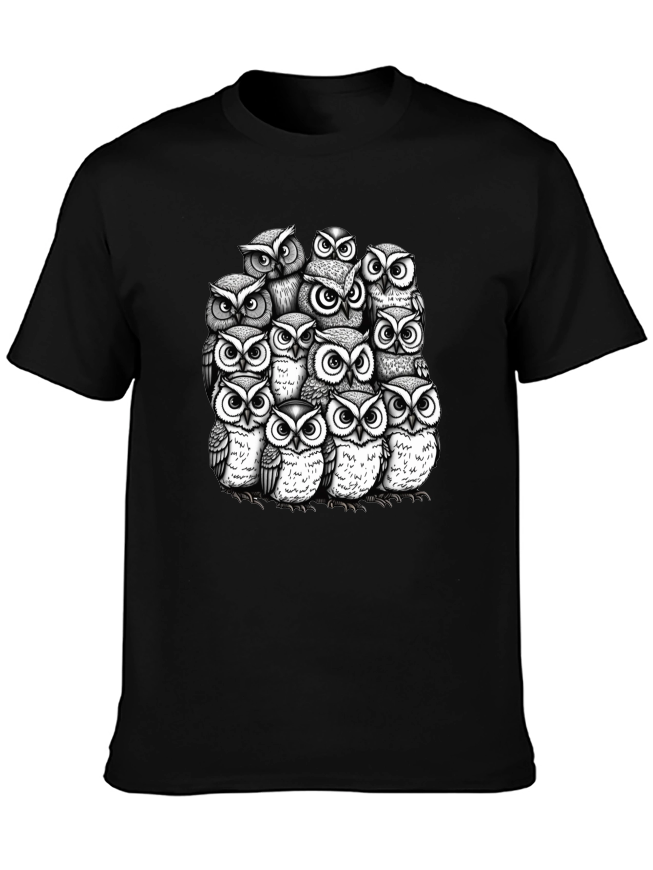 Owl Crowd Graphic T-Shirt - Black Cotton Tee