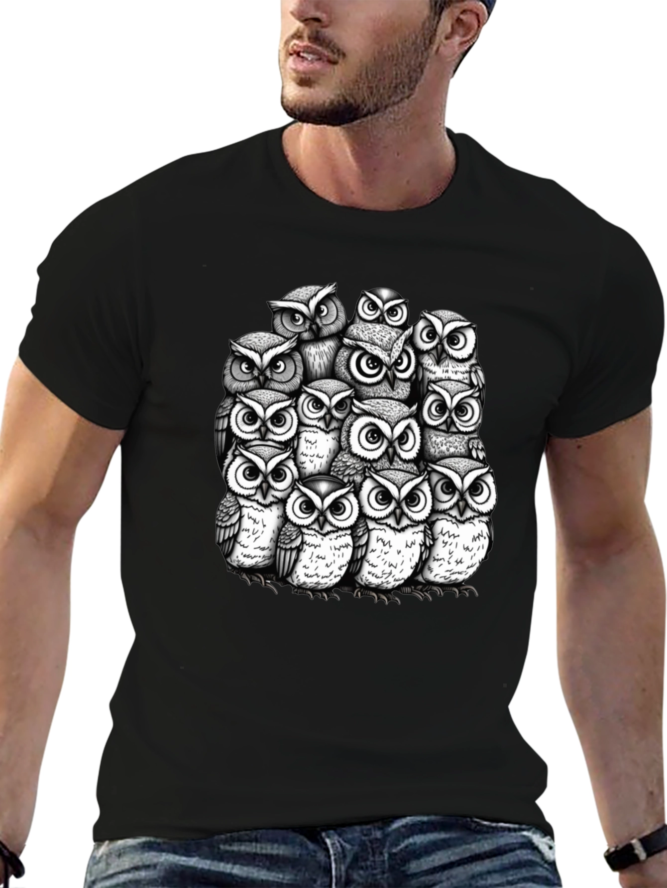 Owl Crowd Graphic T-Shirt - Black Cotton Tee