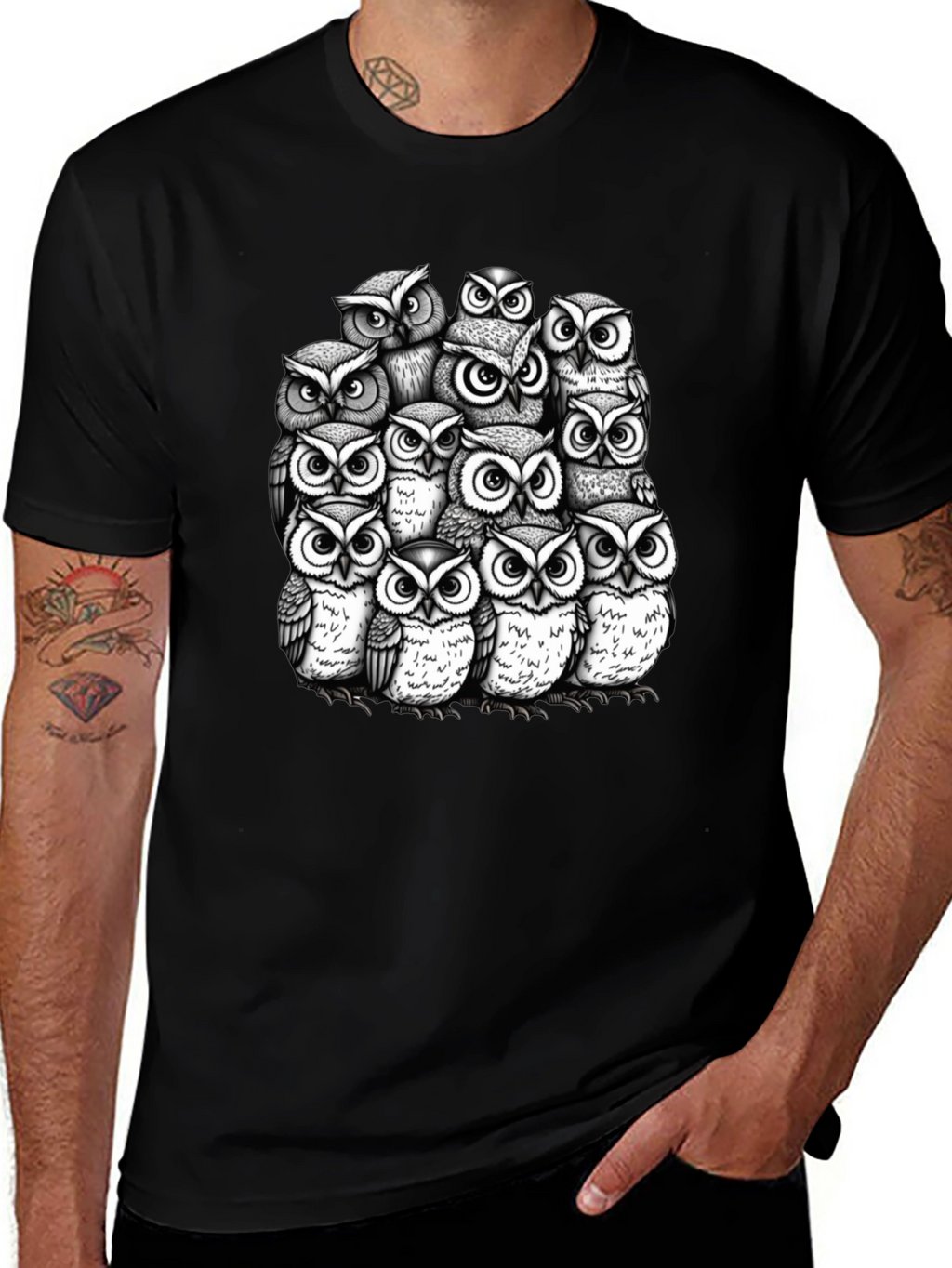 Owl Crowd Graphic T-Shirt - Black Cotton Tee