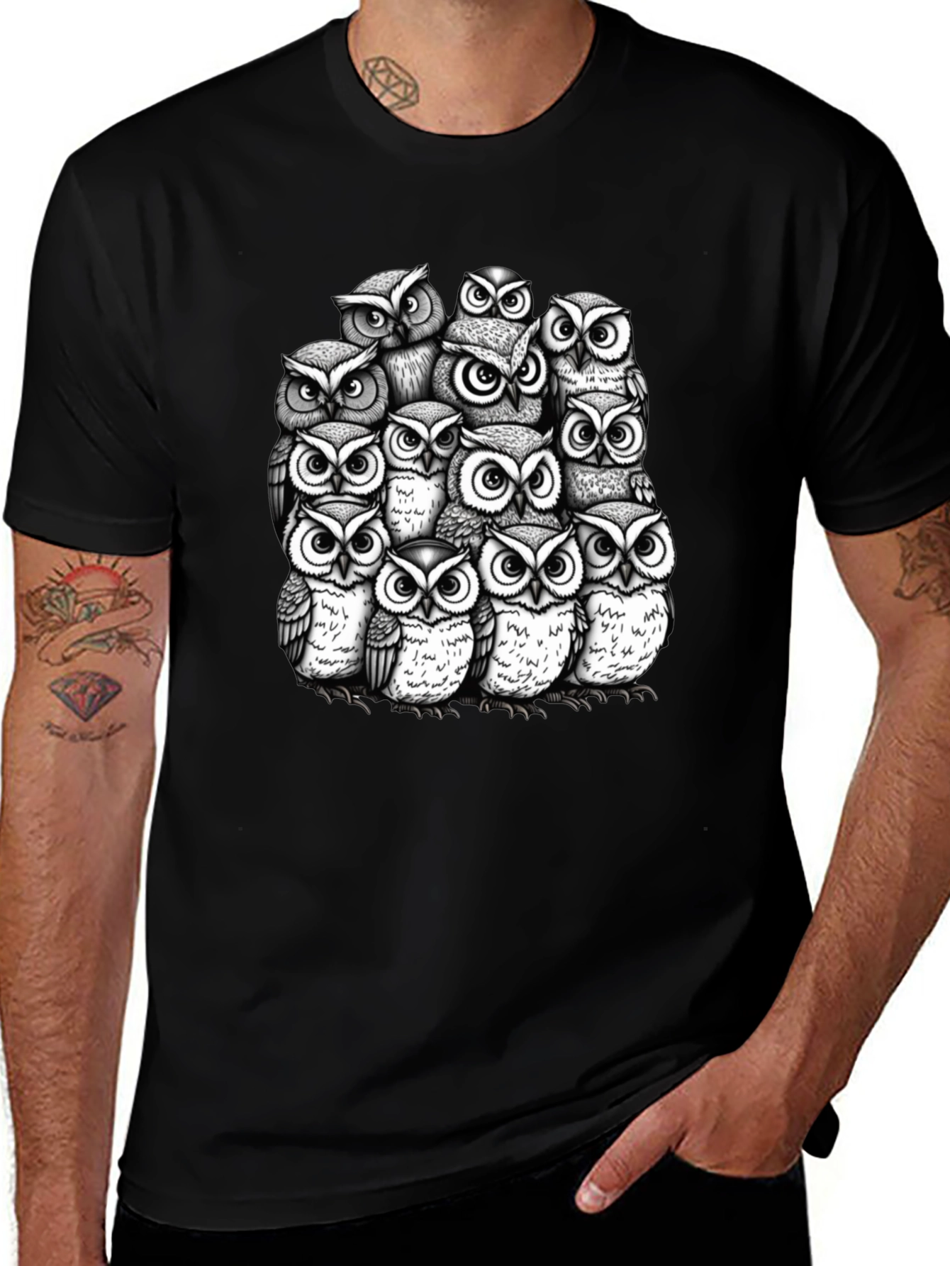 Owl Crowd Graphic T-Shirt - Black Cotton Tee