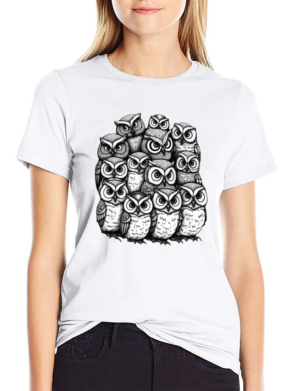 Owl Crowd Graphic T-Shirt - Black Cotton Tee