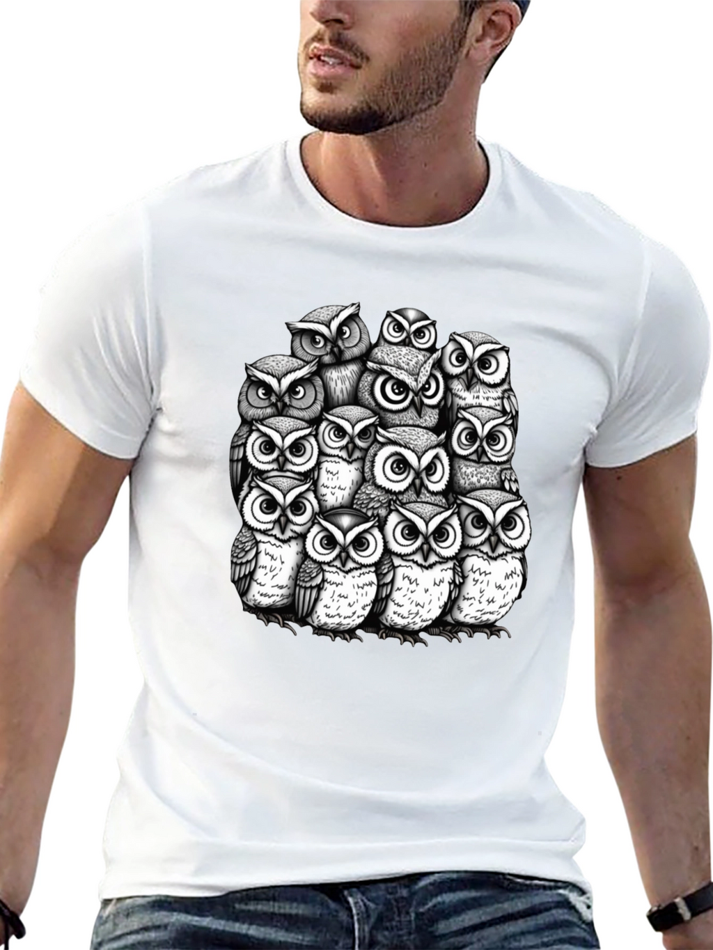 Owl Crowd Graphic T-Shirt - Black Cotton Tee
