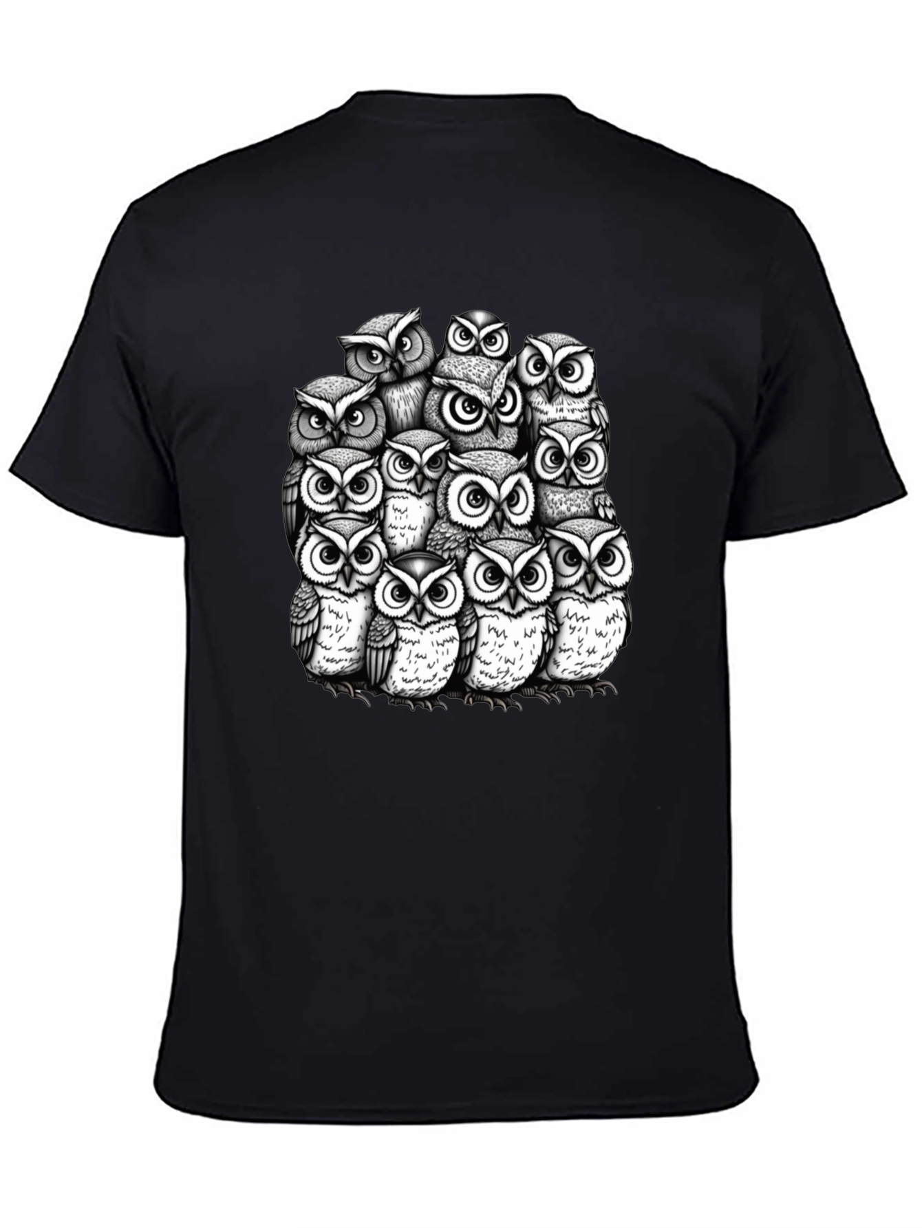 Owl Crowd Graphic T-Shirt - Black Cotton Tee