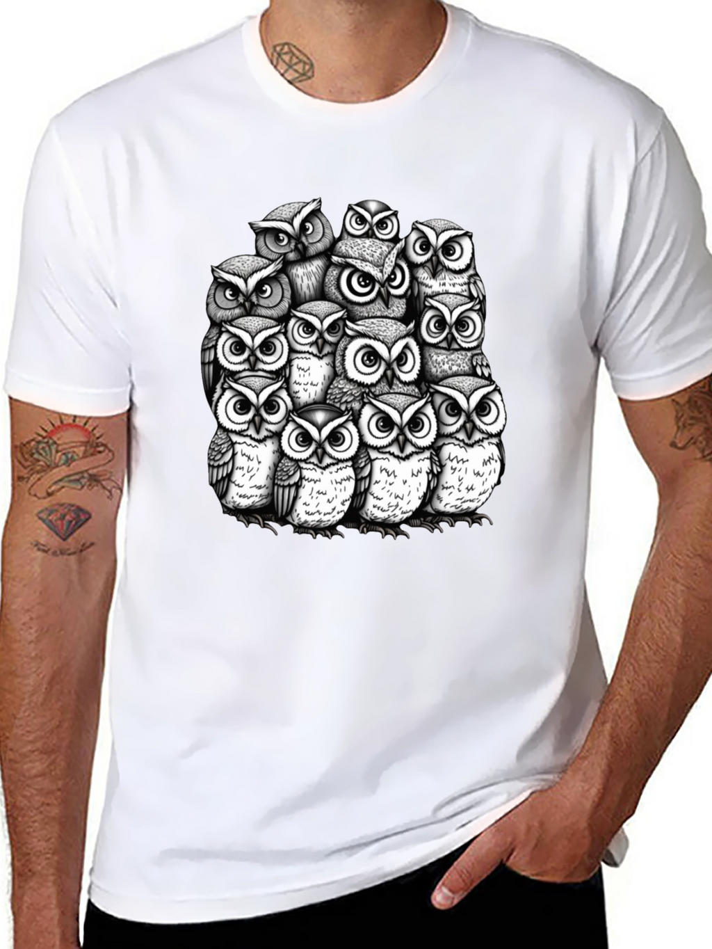 Owl Crowd Graphic T-Shirt - Black Cotton Tee