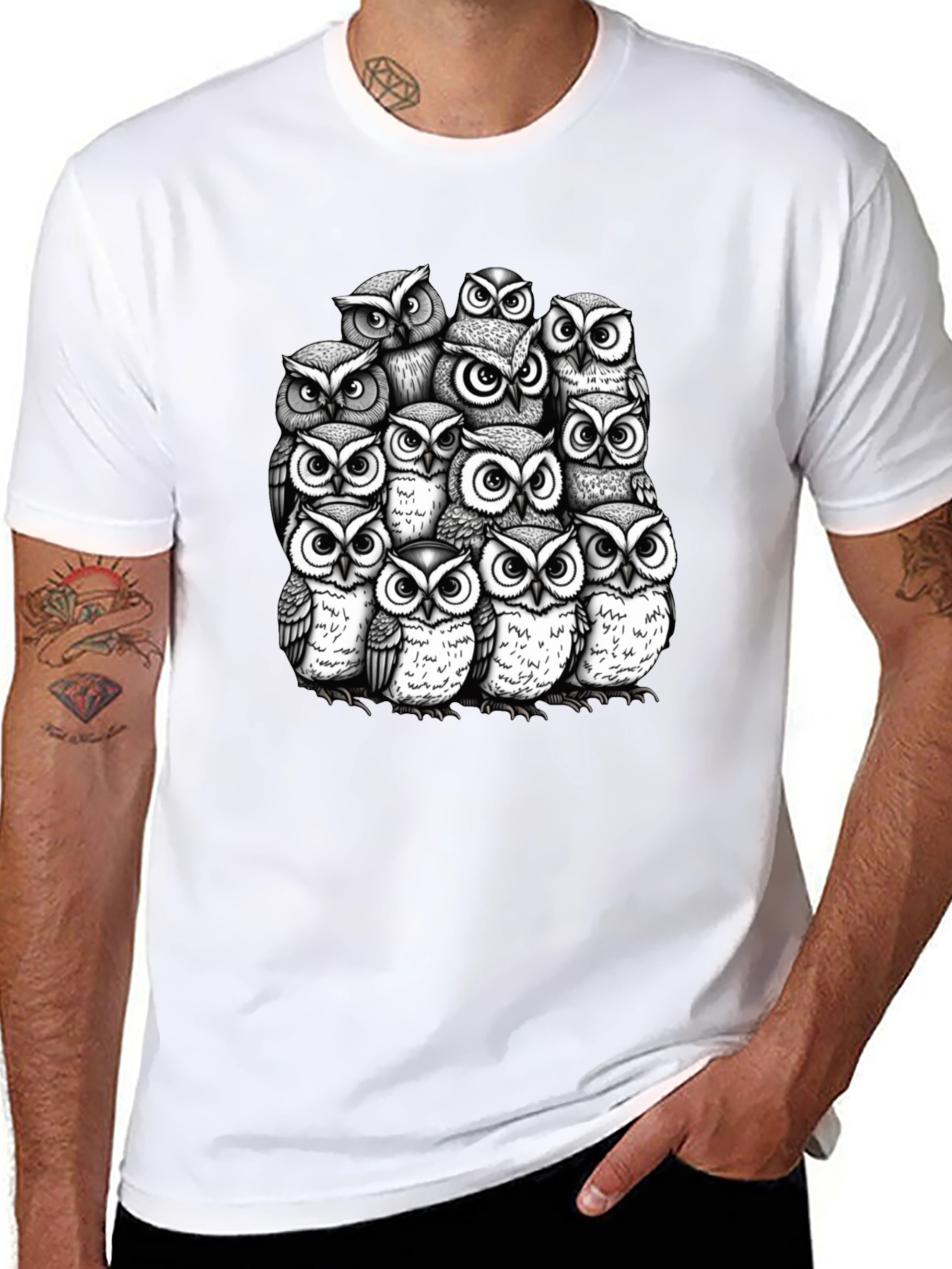 Owl Crowd Graphic T-Shirt - Black Cotton Tee
