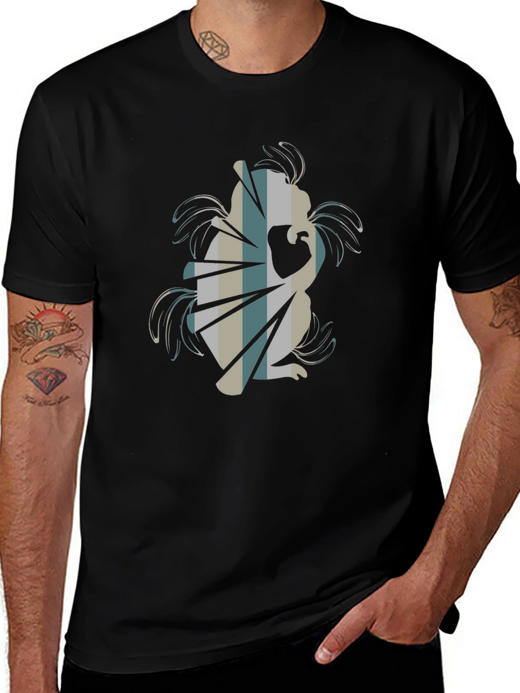 Abstract Squirrel Graphic Tee - Black Cotton Blend